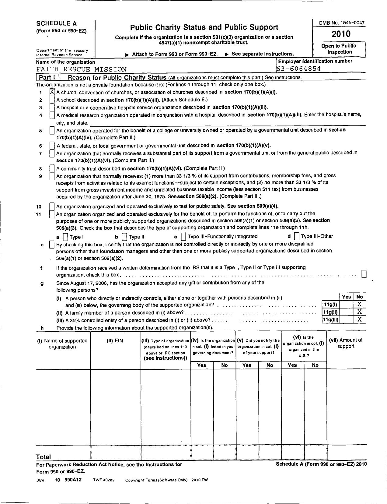 Image of first page of 2010 Form 990R for Faith Rescue Mission