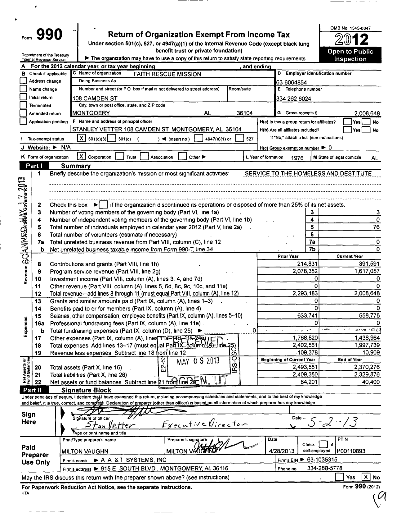 Image of first page of 2012 Form 990 for Faith Rescue Mission