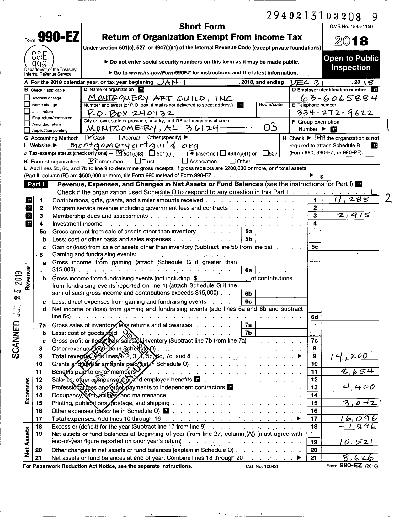 Image of first page of 2018 Form 990EZ for Montgomery Art Guild