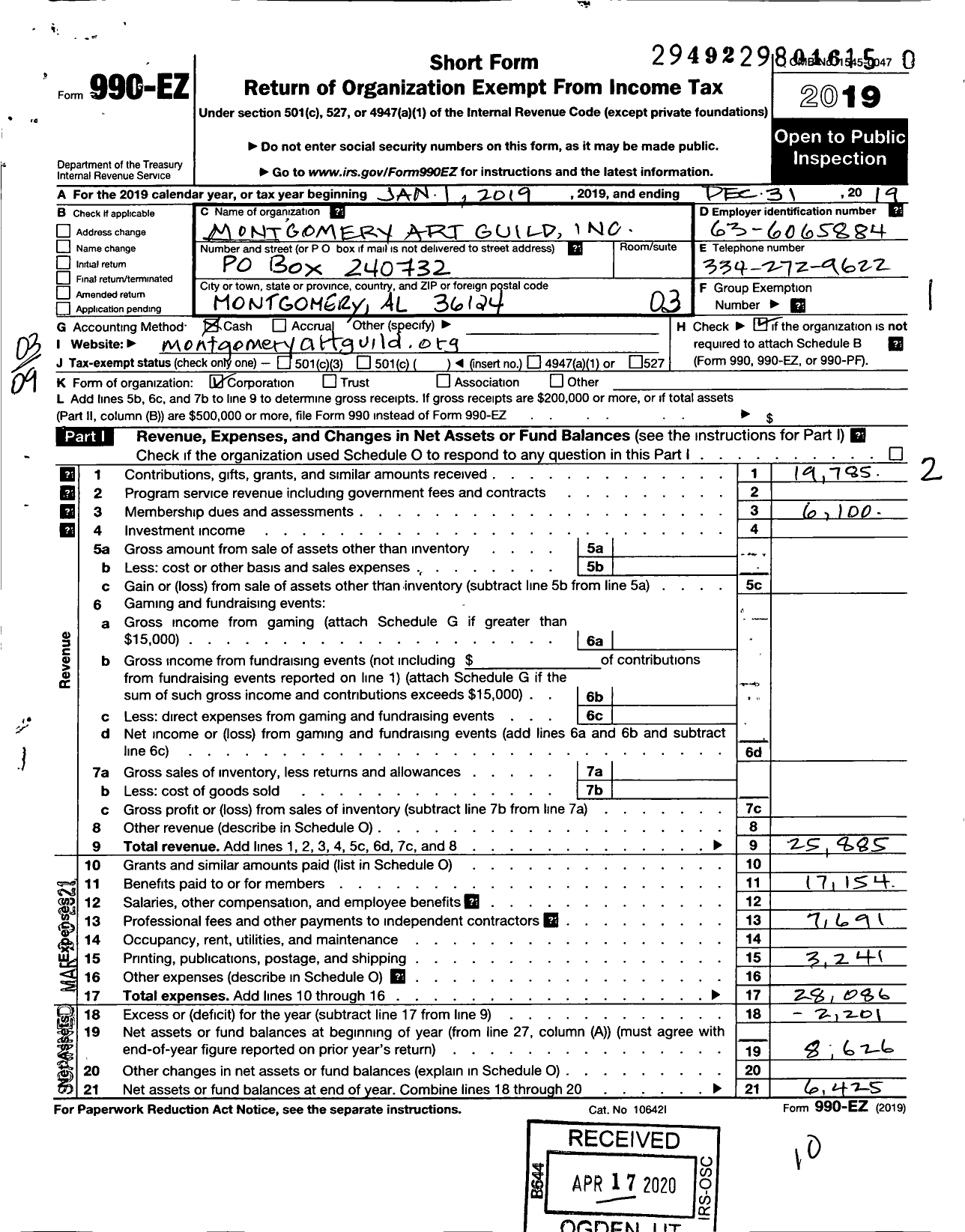 Image of first page of 2019 Form 990EZ for Montgomery Art Guild