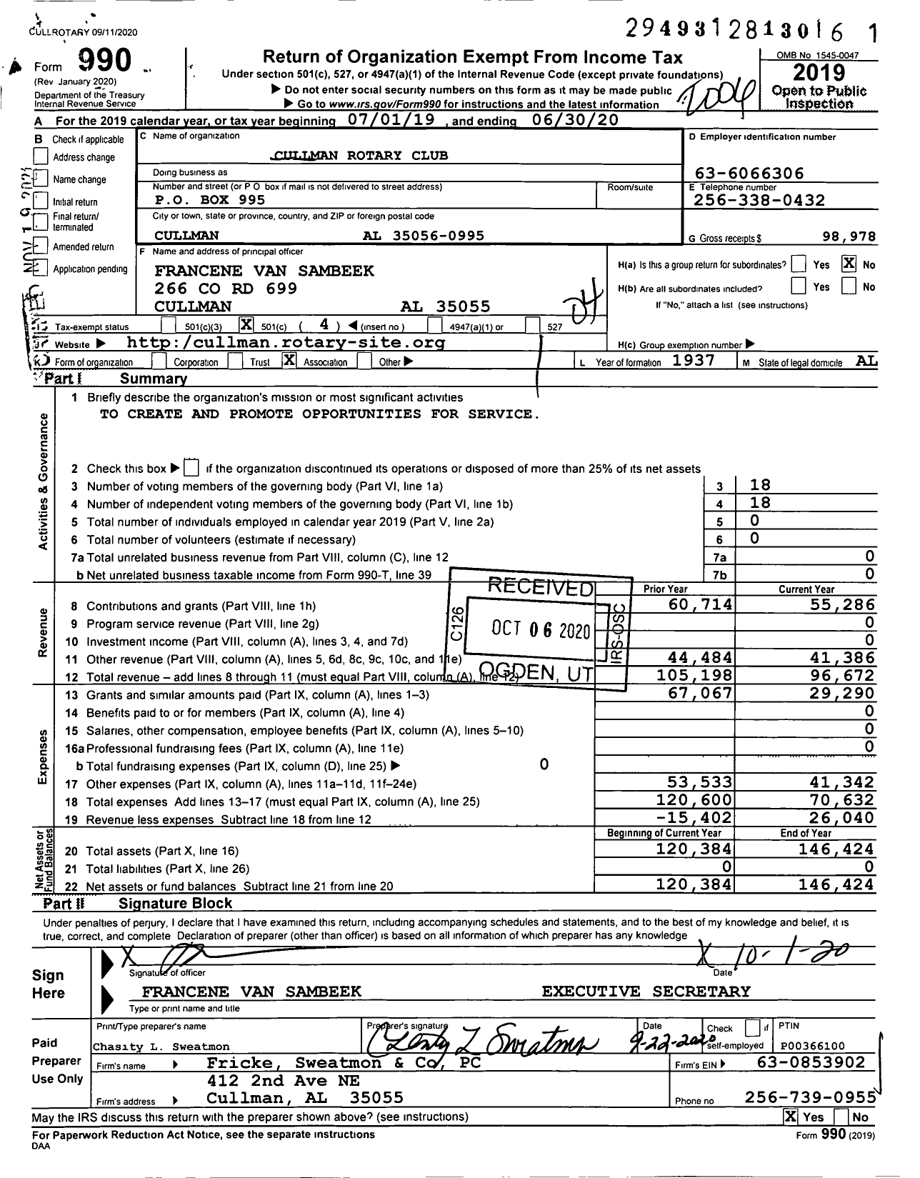 Image of first page of 2019 Form 990O for Rotary International - Cullman
