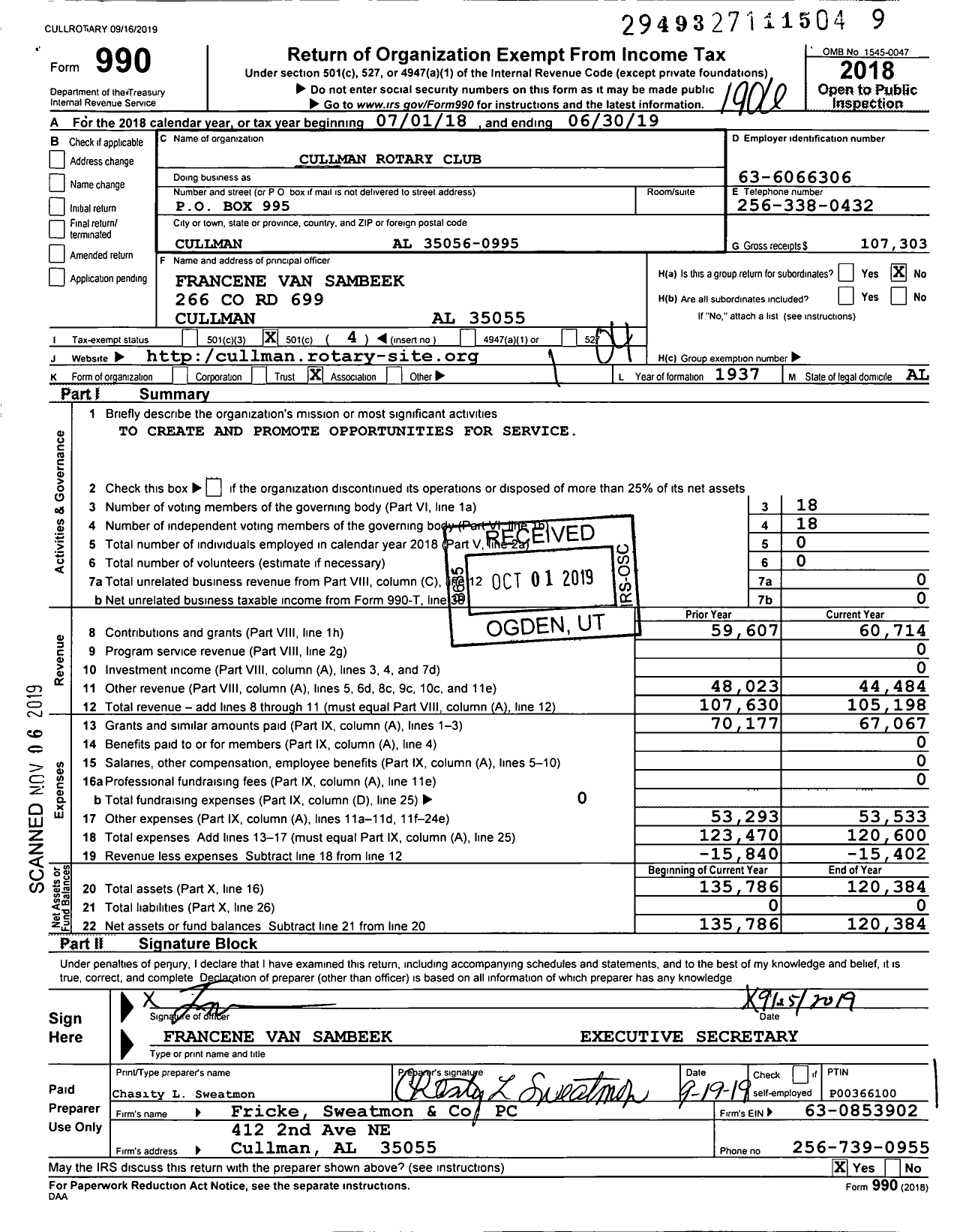 Image of first page of 2018 Form 990O for Rotary International - Cullman