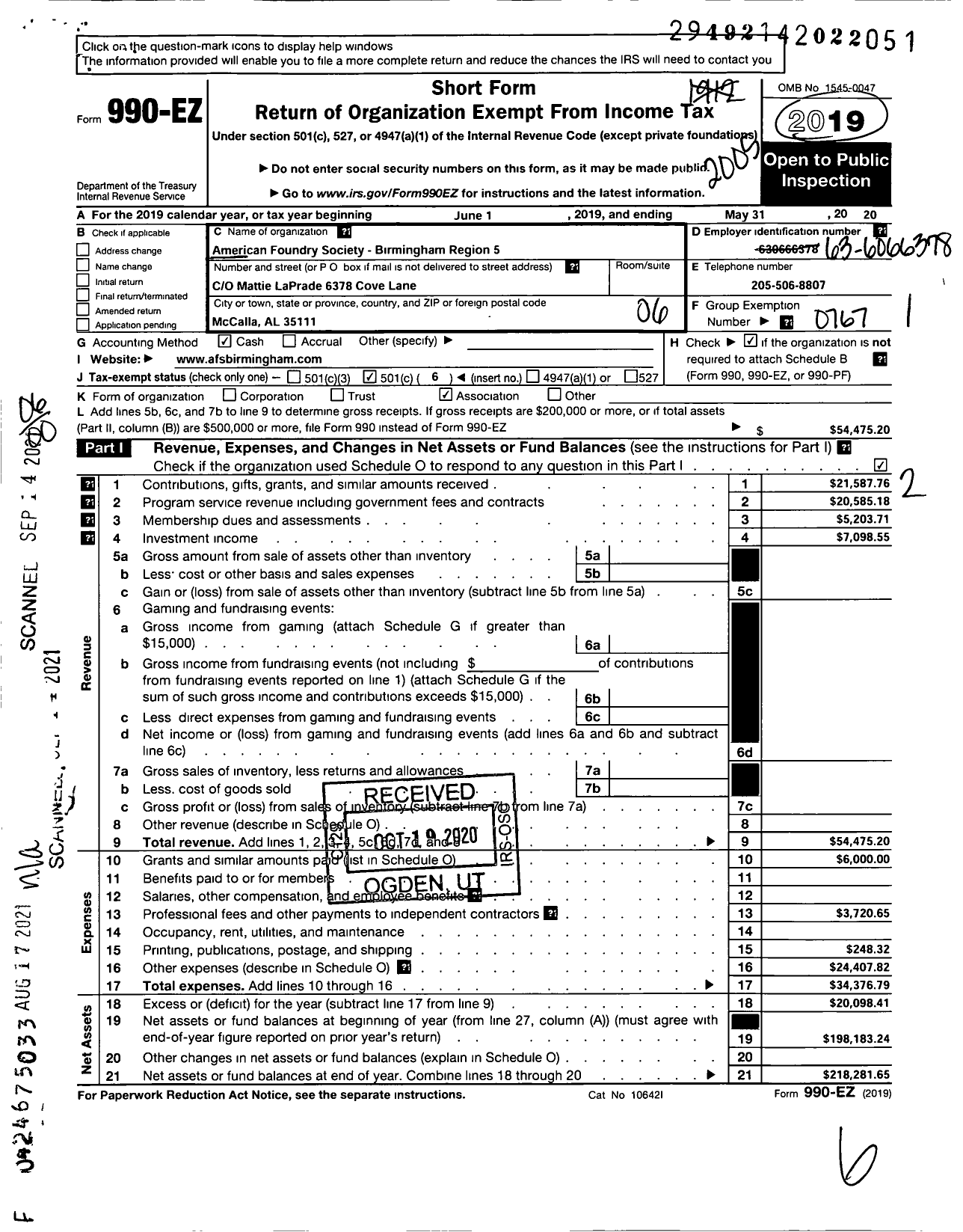 Image of first page of 2019 Form 990EO for American Foundry Society - Birmingham Region 5