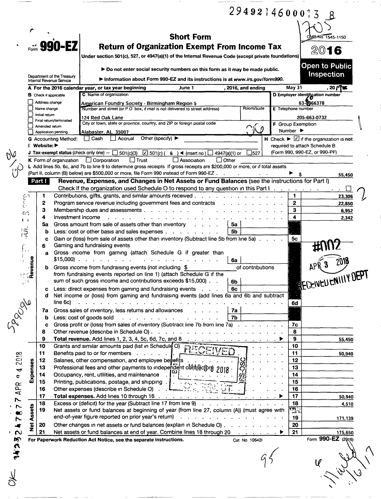 Image of first page of 2016 Form 990EO for American Foundry Society - Birmingham Region 5