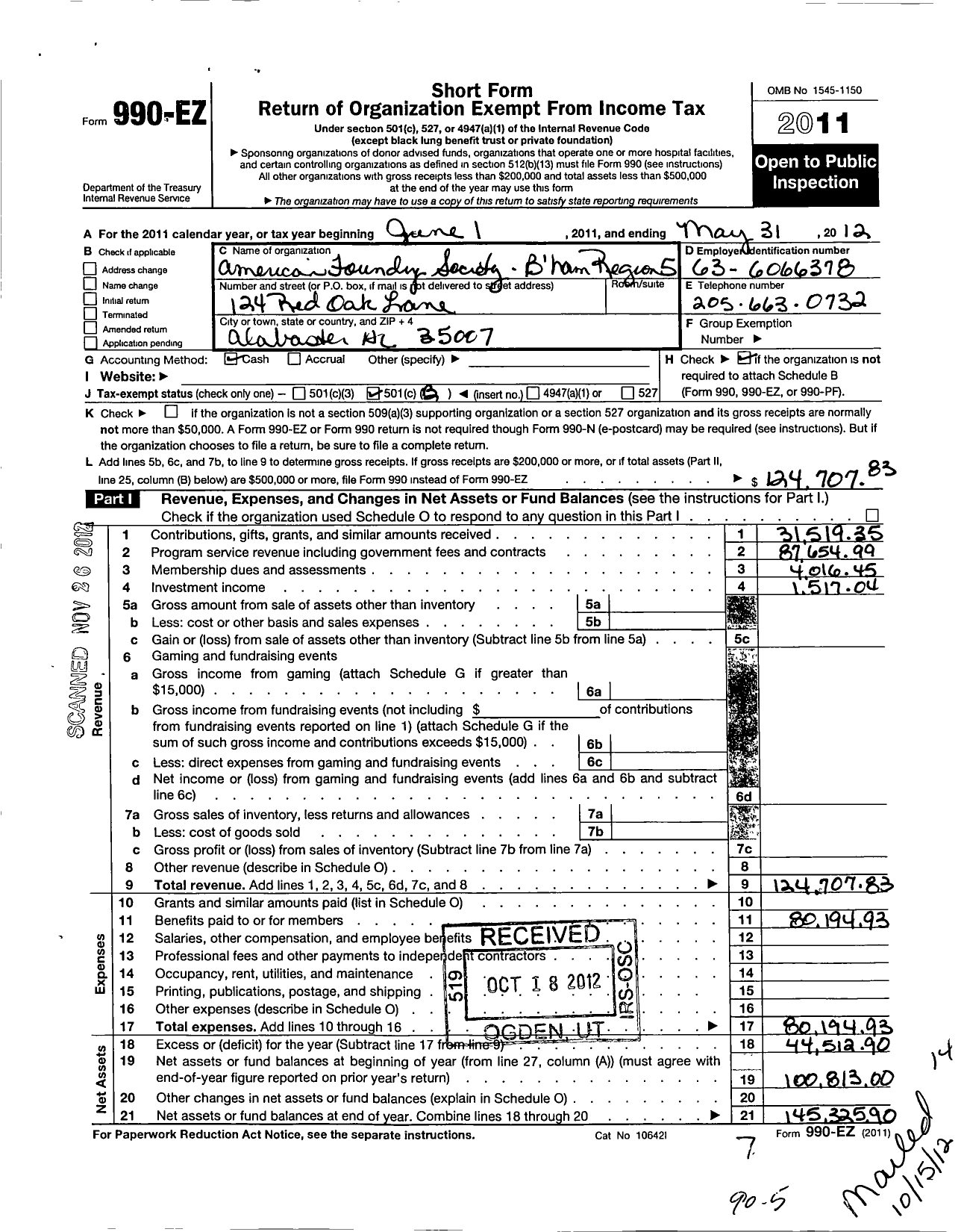 Image of first page of 2011 Form 990EO for American Foundry Society - Birmingham Region 5