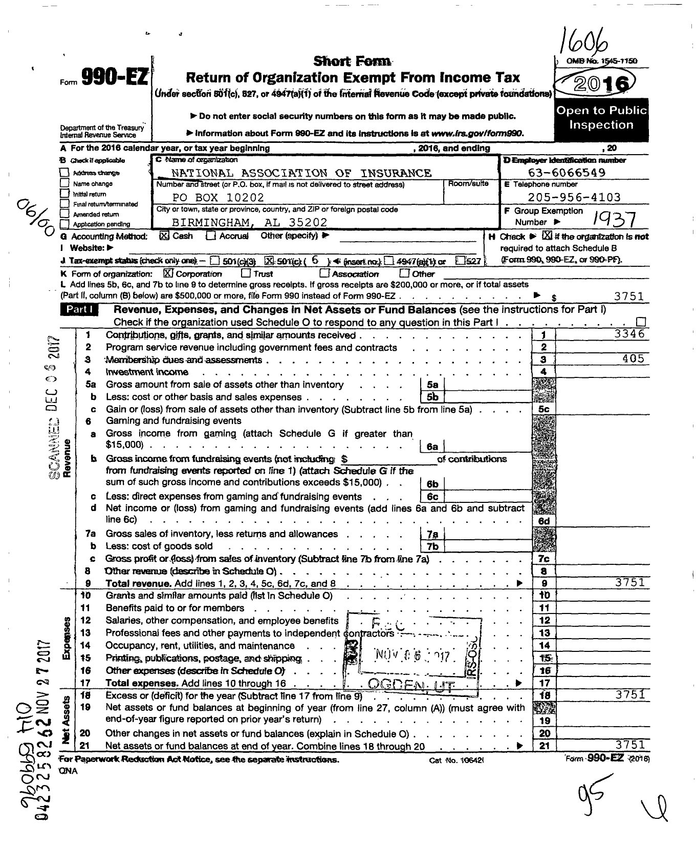 Image of first page of 2016 Form 990EO for National Association of Insurance Women - 303 Birmingham Area Ins Prof