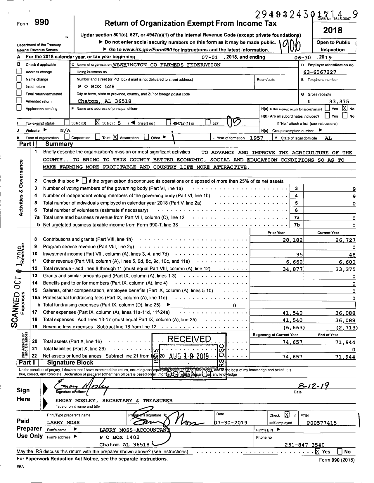 Image of first page of 2018 Form 990O for Washington Farmers Federation