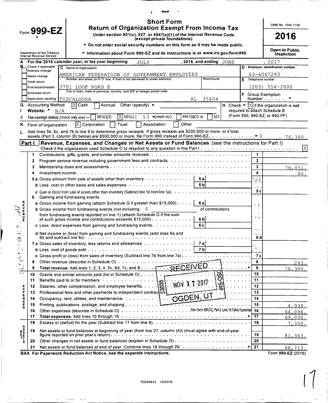 Image of first page of 2016 Form 990EO for American Federation of Government Employees - 0131 Afge Council