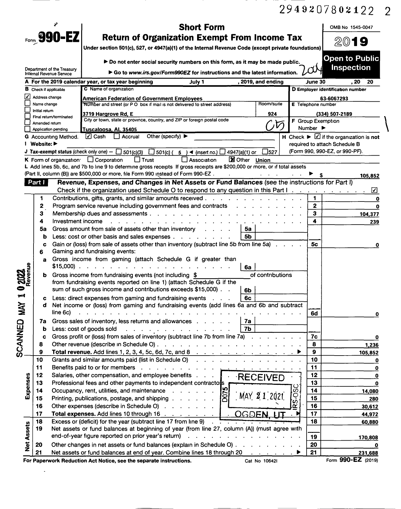 Image of first page of 2019 Form 990EO for American Federation of Government Employees - 0131 Afge Council