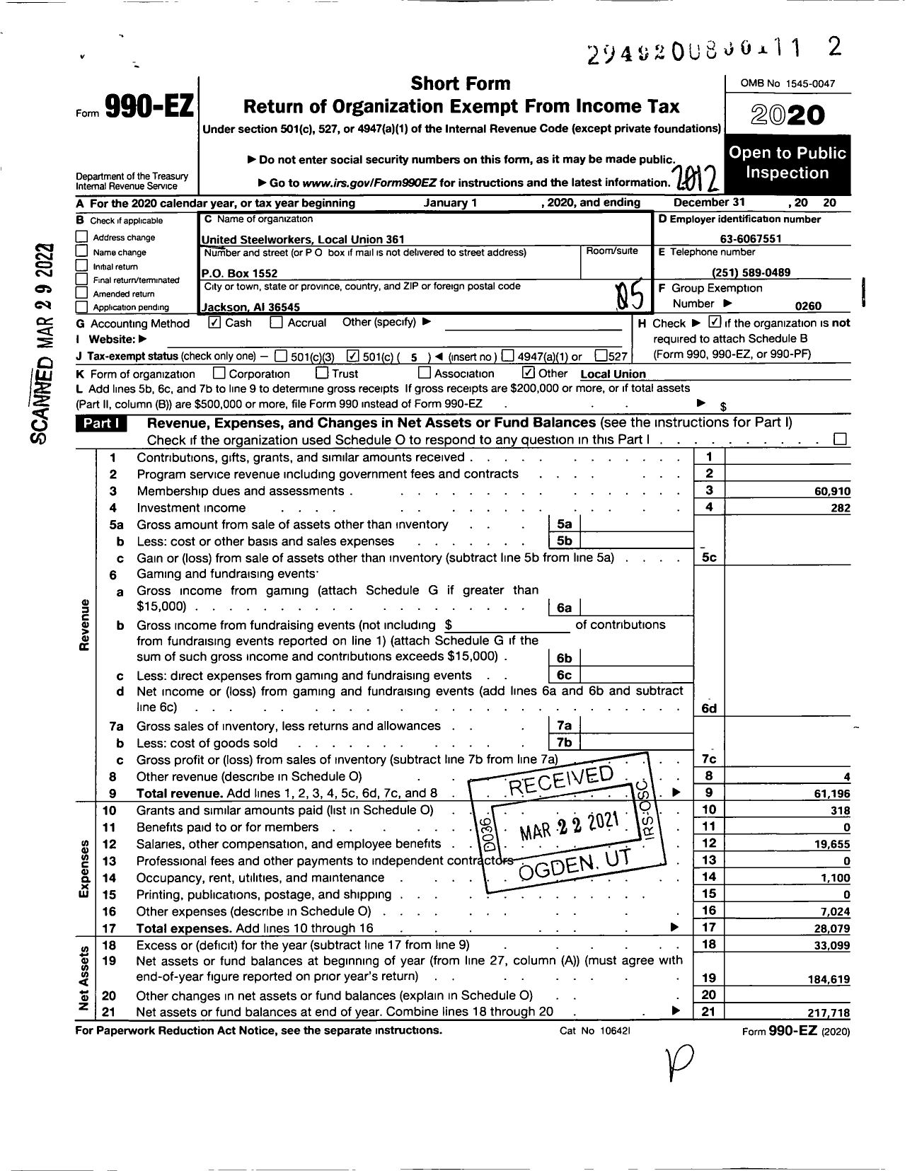 Image of first page of 2020 Form 990EO for United Steelworkers - 00361 Local