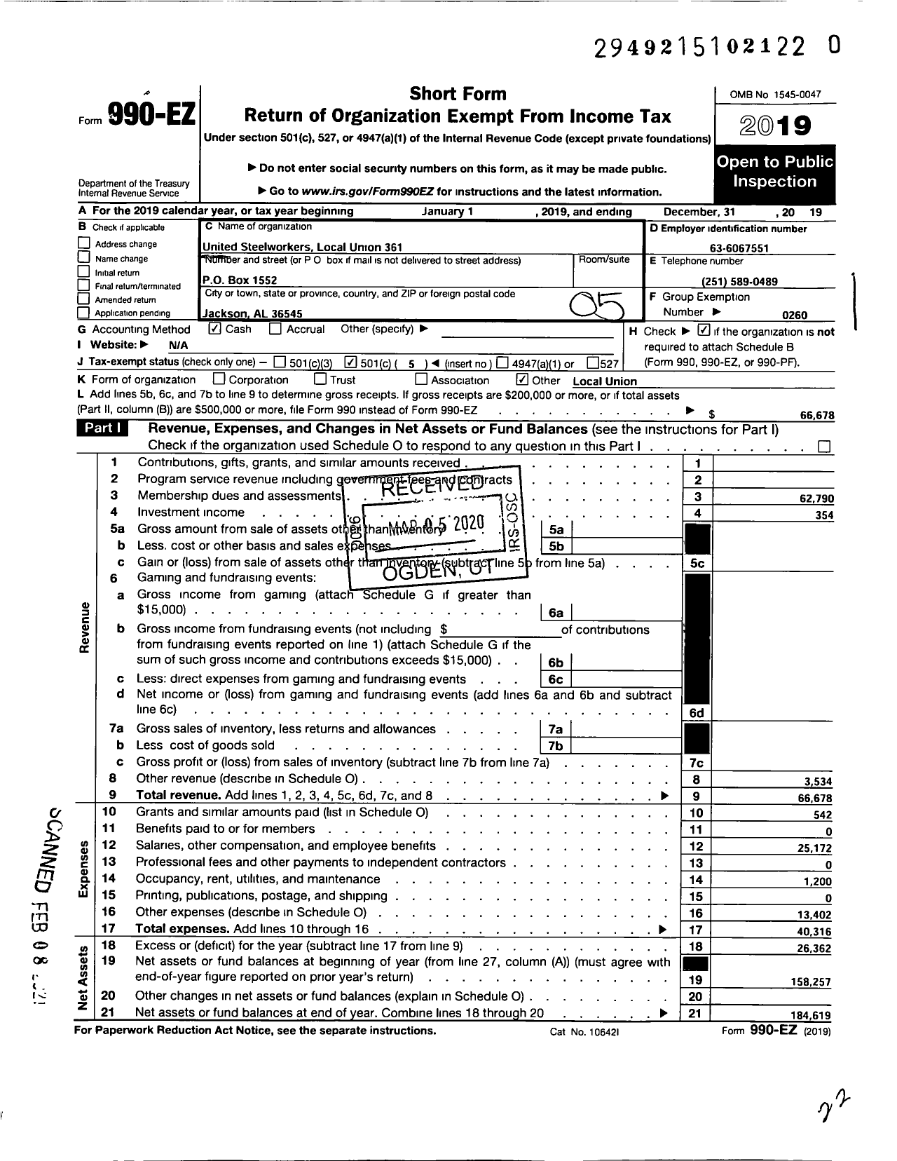 Image of first page of 2019 Form 990EO for United Steelworkers - 00361 Local