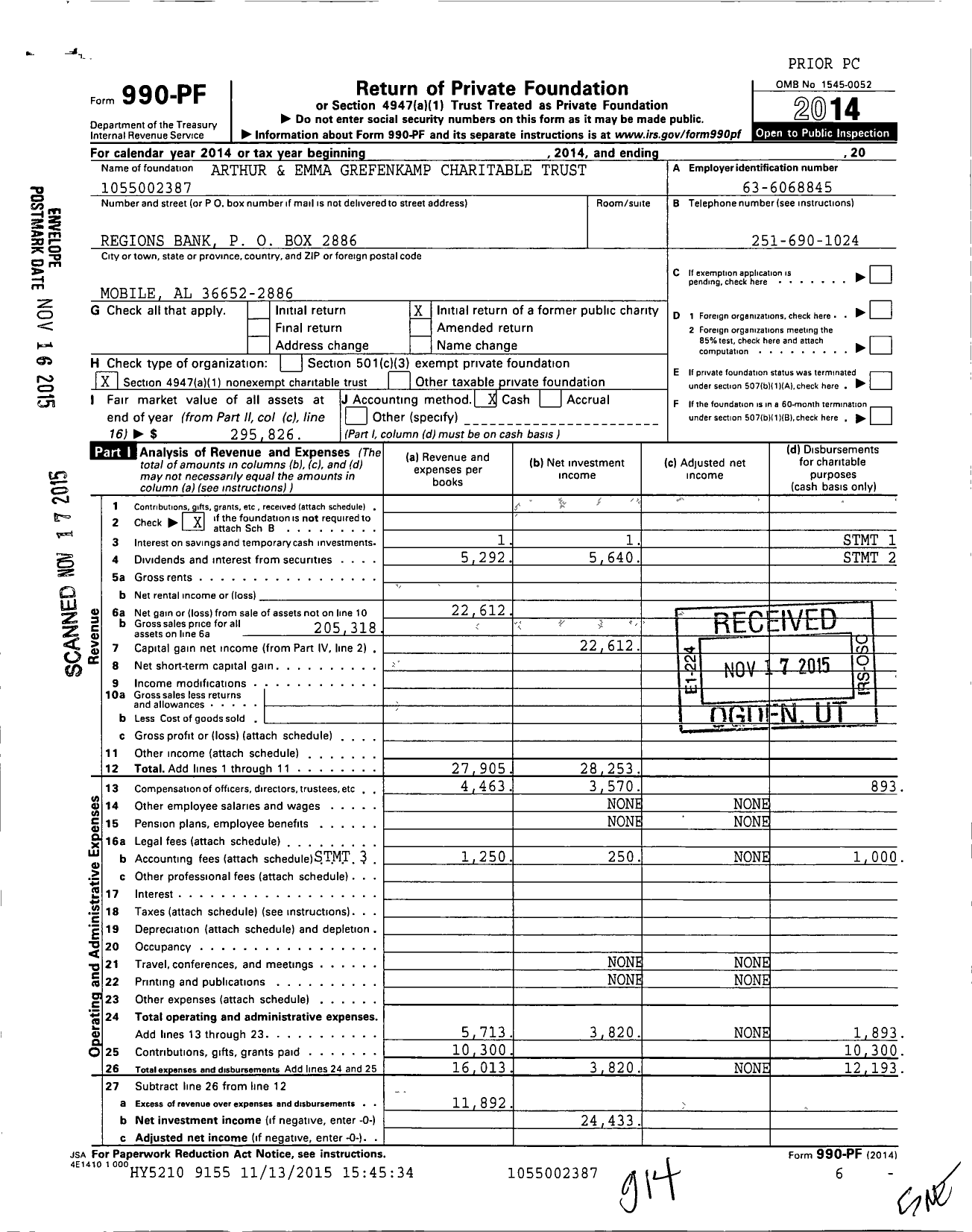 Image of first page of 2014 Form 990PF for Arthur and Emma Grefenkamp Charitable Trust