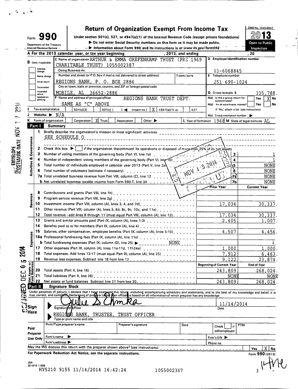 Image of first page of 2013 Form 990O for Arthur and Emma Grefenkamp Charitable Trust