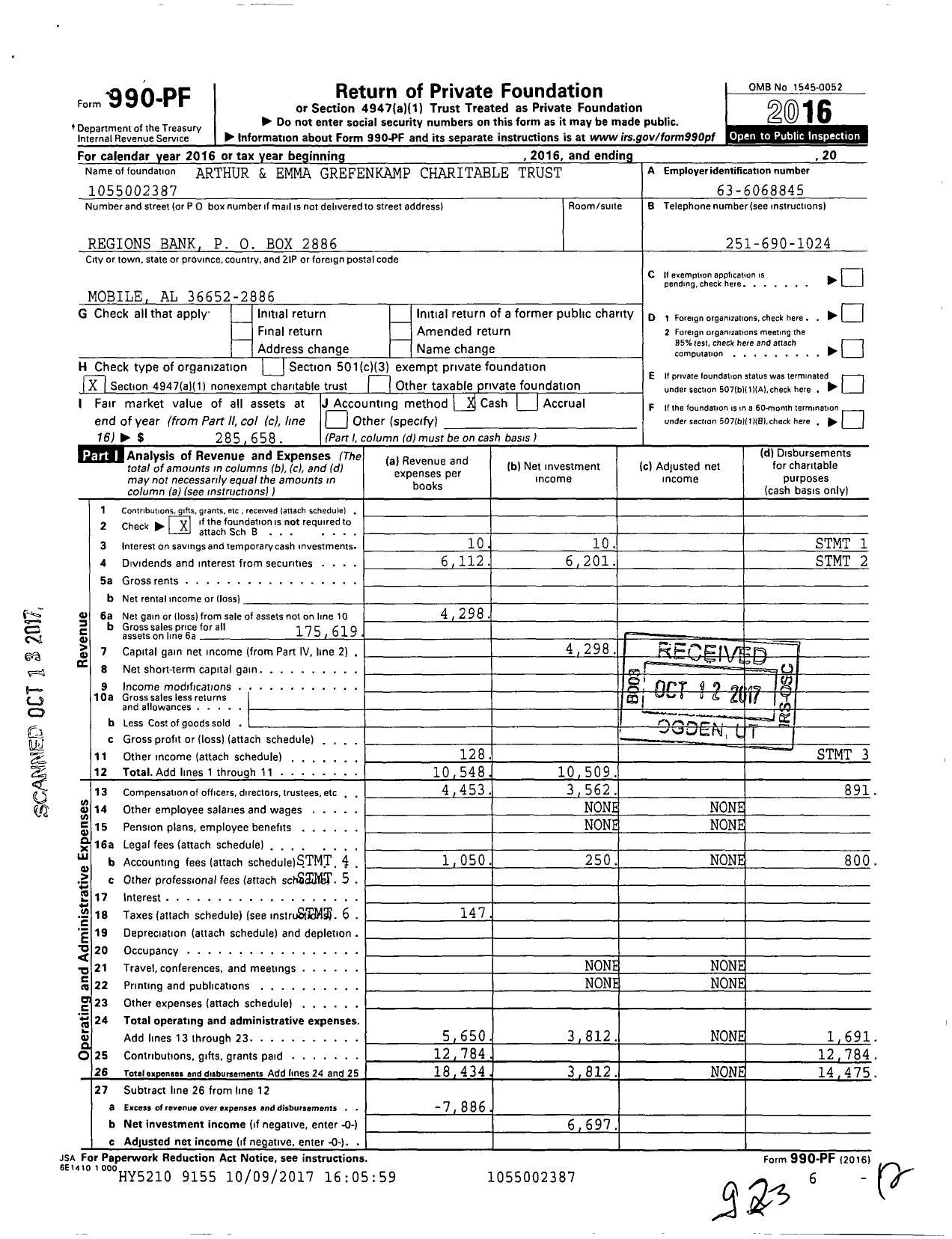 Image of first page of 2016 Form 990PF for Arthur and Emma Grefenkamp Charitable Trust