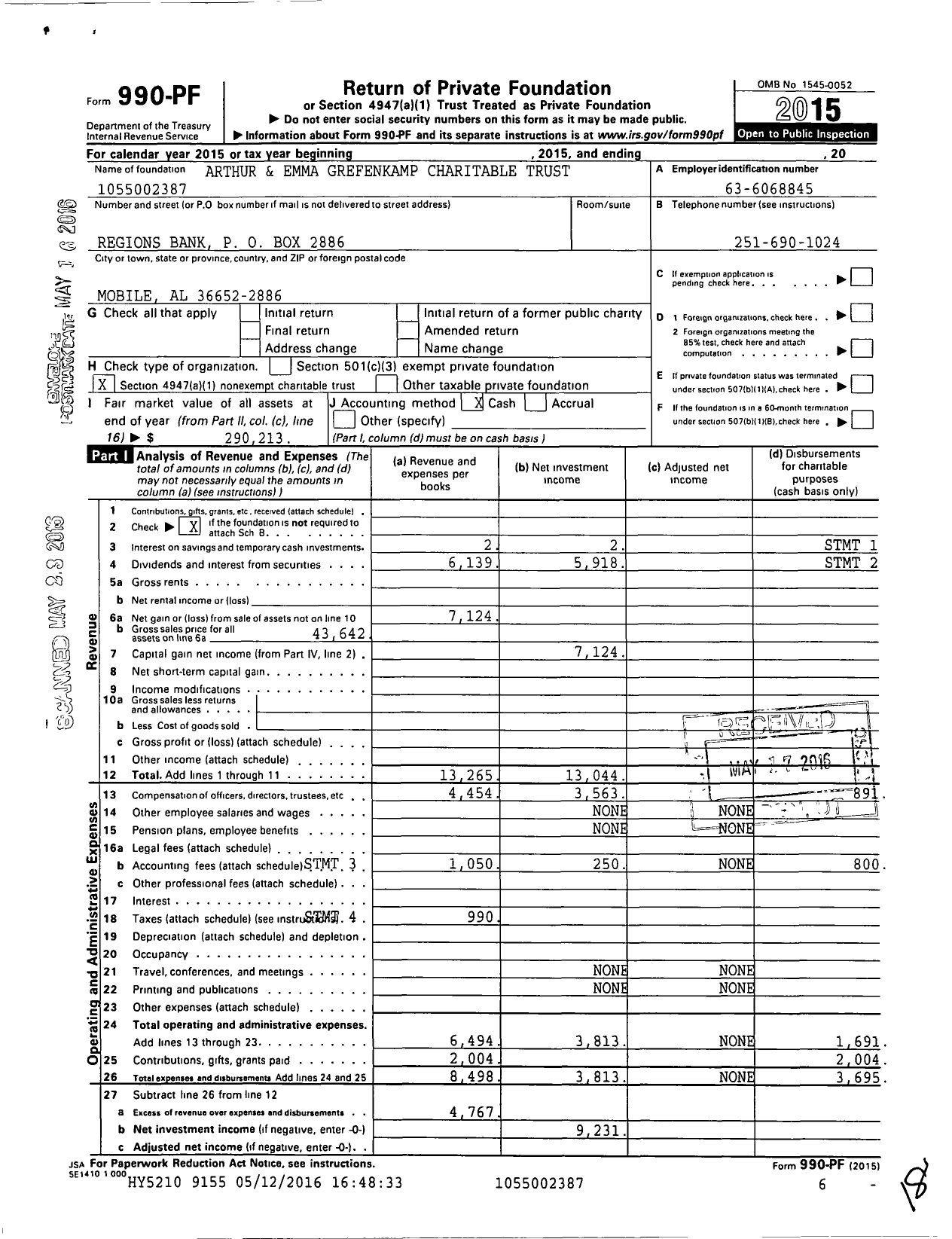 Image of first page of 2015 Form 990PF for Arthur and Emma Grefenkamp Charitable Trust