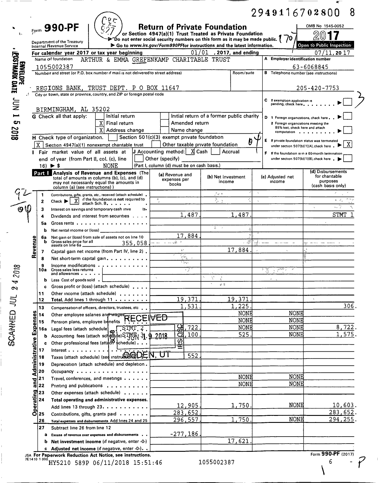 Image of first page of 2016 Form 990PF for Arthur and Emma Grefenkamp Charitable Trust