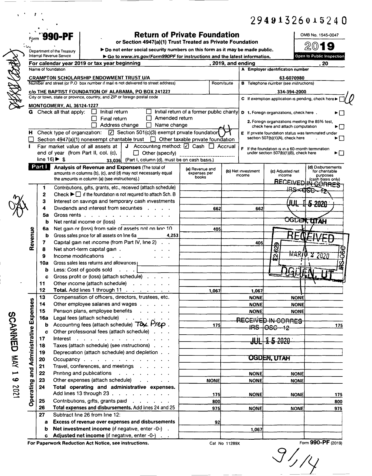 Image of first page of 2019 Form 990PF for Crampton Scholarship Endowment TR 1255000866