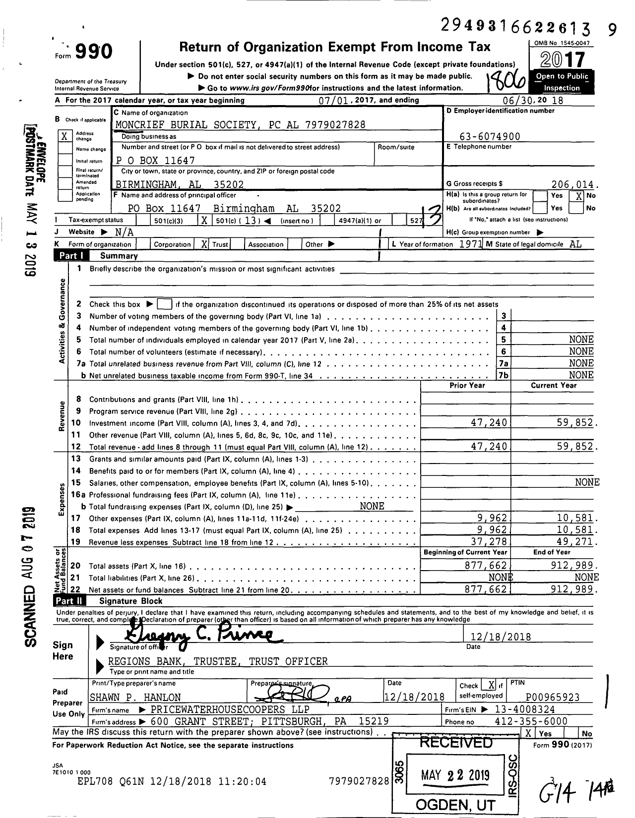 Image of first page of 2017 Form 990O for Moncrief Burial Society PC Al