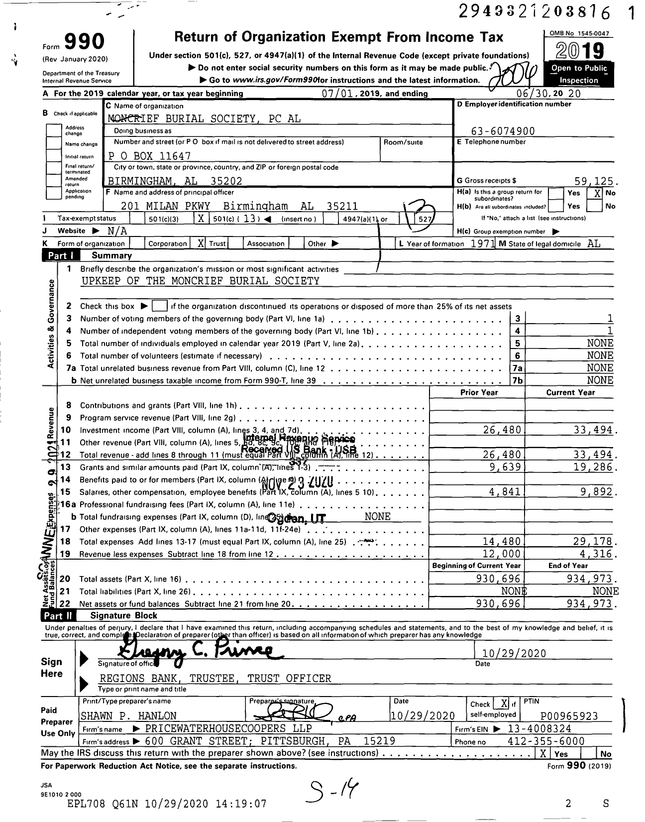 Image of first page of 2019 Form 990O for Moncrief Burial Society PC Al