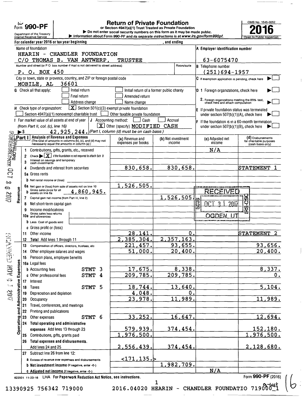 Image of first page of 2016 Form 990PF for Hearin-Chandler Foundation
