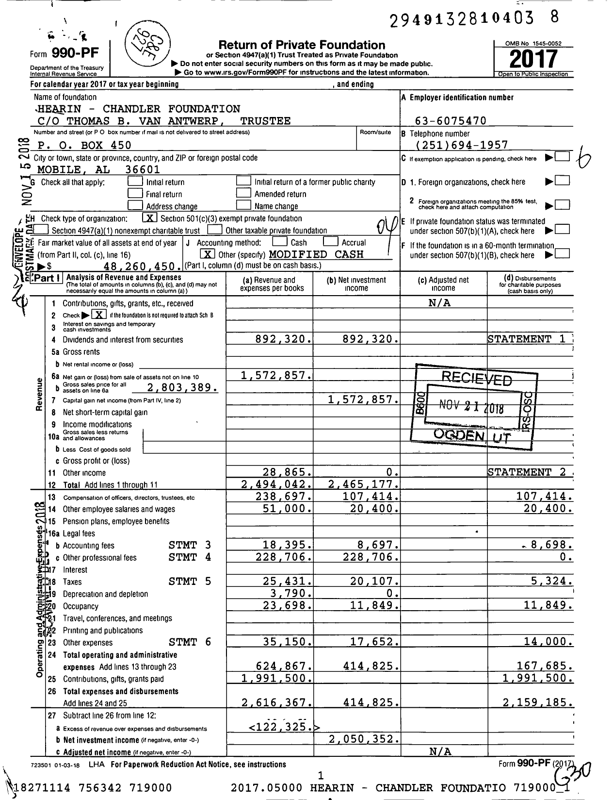 Image of first page of 2017 Form 990PF for Hearin-Chandler Foundation