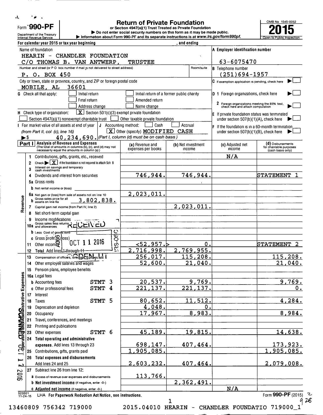 Image of first page of 2015 Form 990PF for Hearin-Chandler Foundation