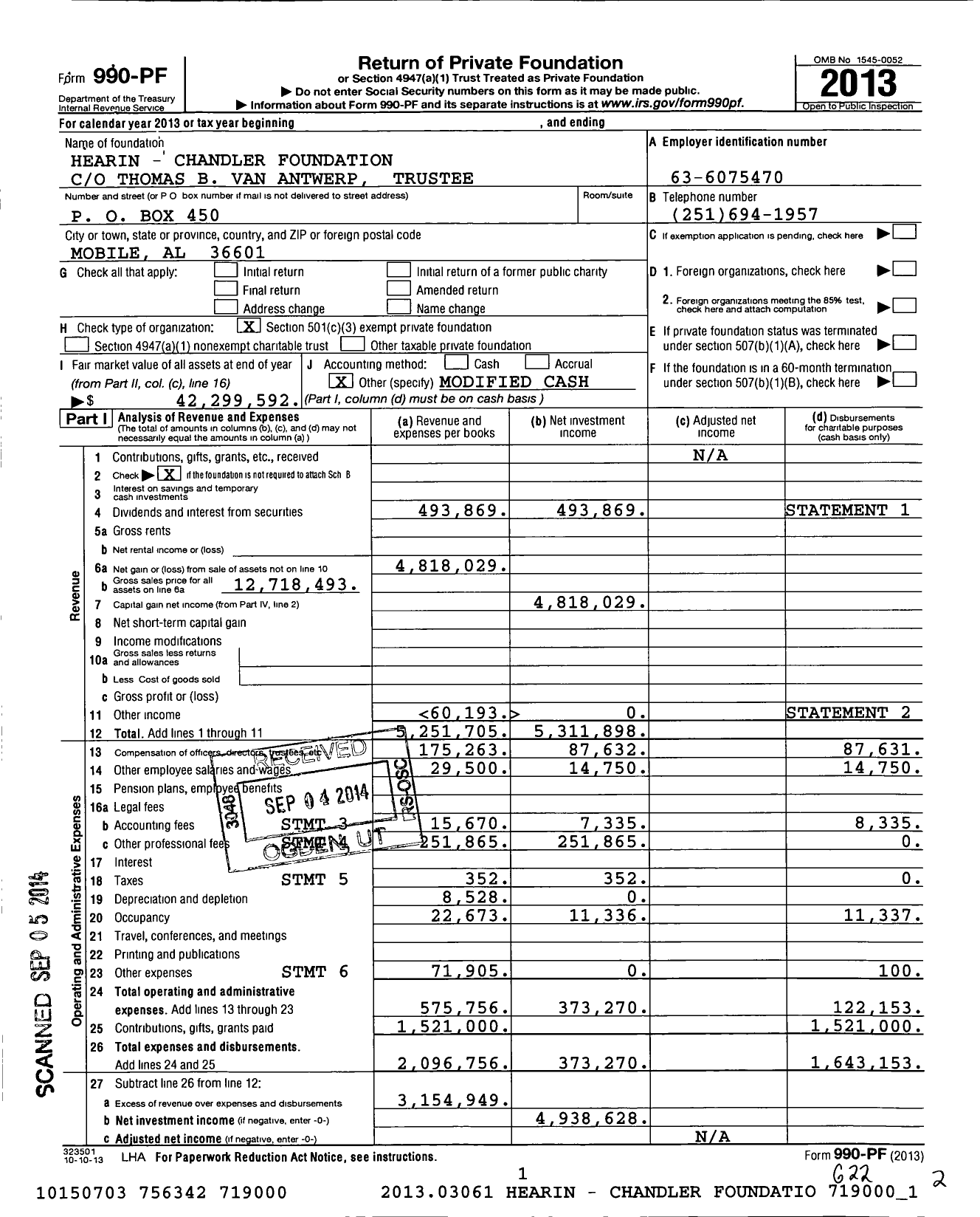 Image of first page of 2013 Form 990PF for Hearin-Chandler Foundation