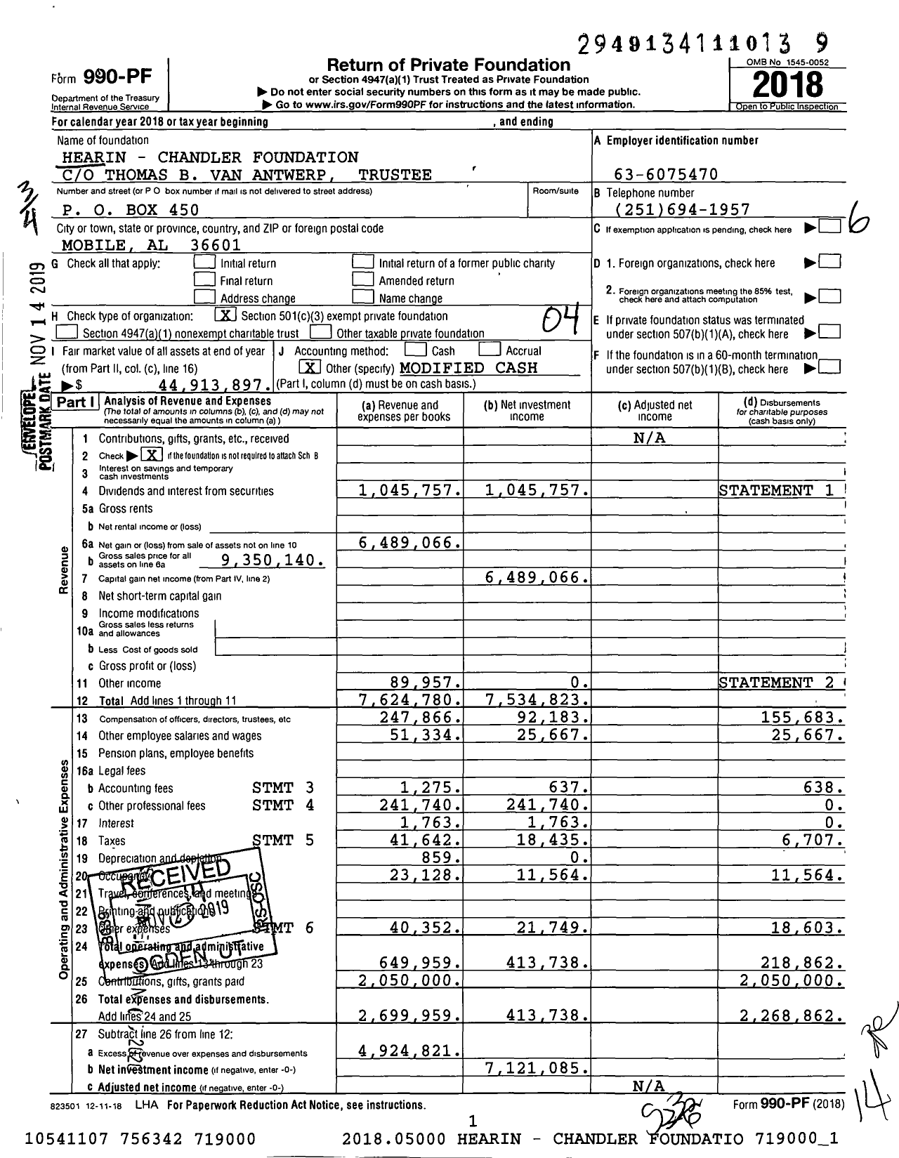 Image of first page of 2018 Form 990PF for Hearin-Chandler Foundation