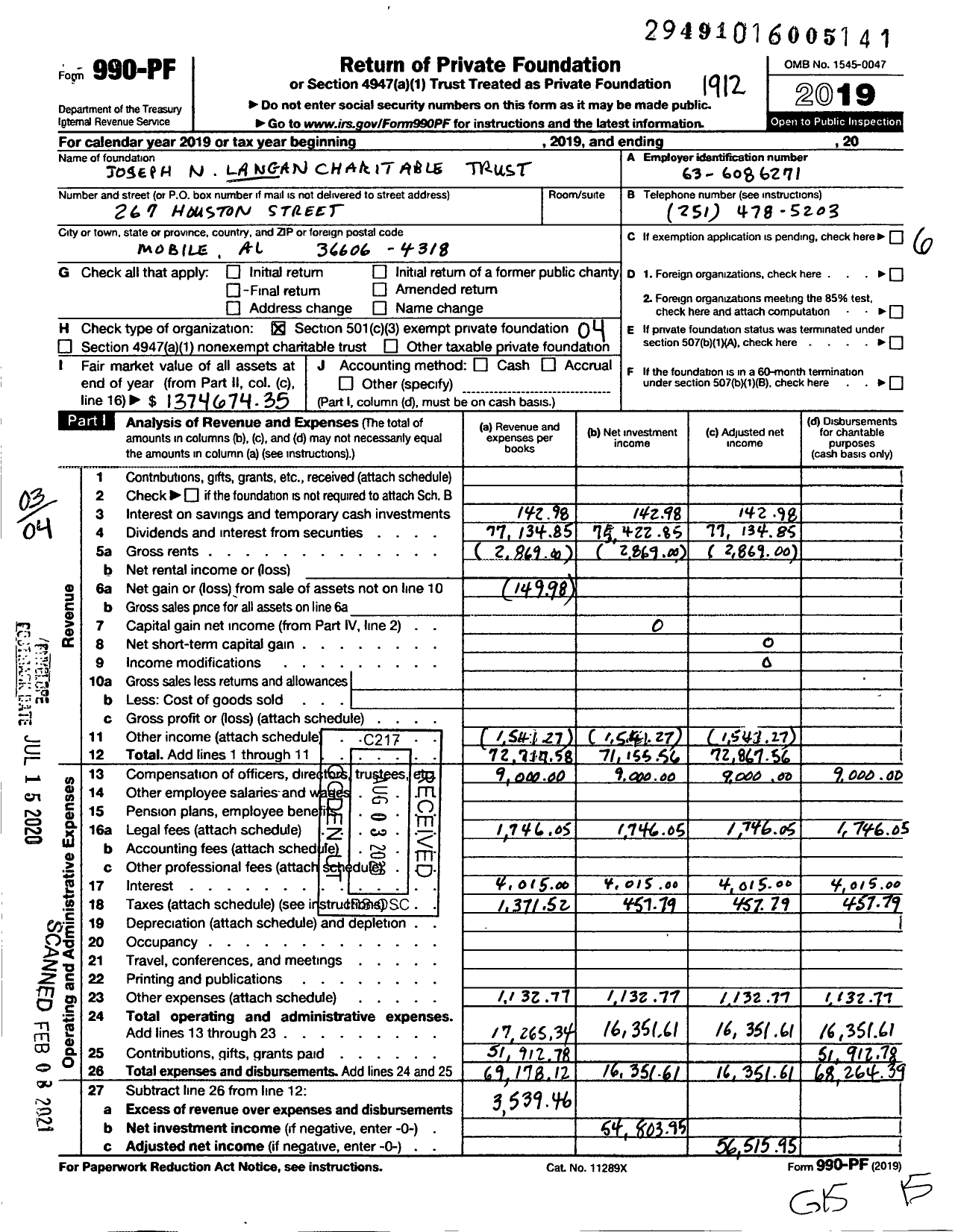 Image of first page of 2019 Form 990PF for Joseph N Langan