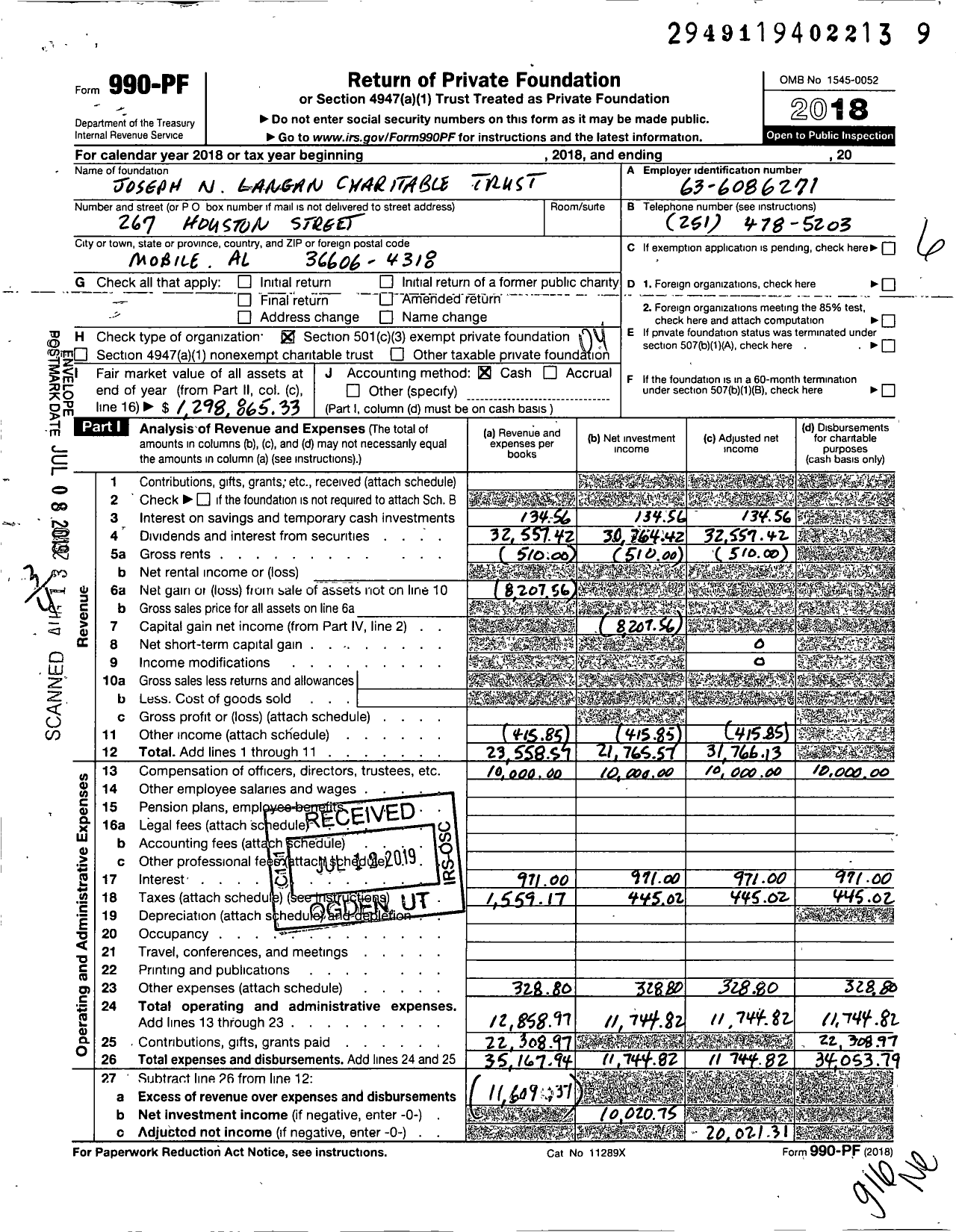 Image of first page of 2018 Form 990PF for Joseph N Langan