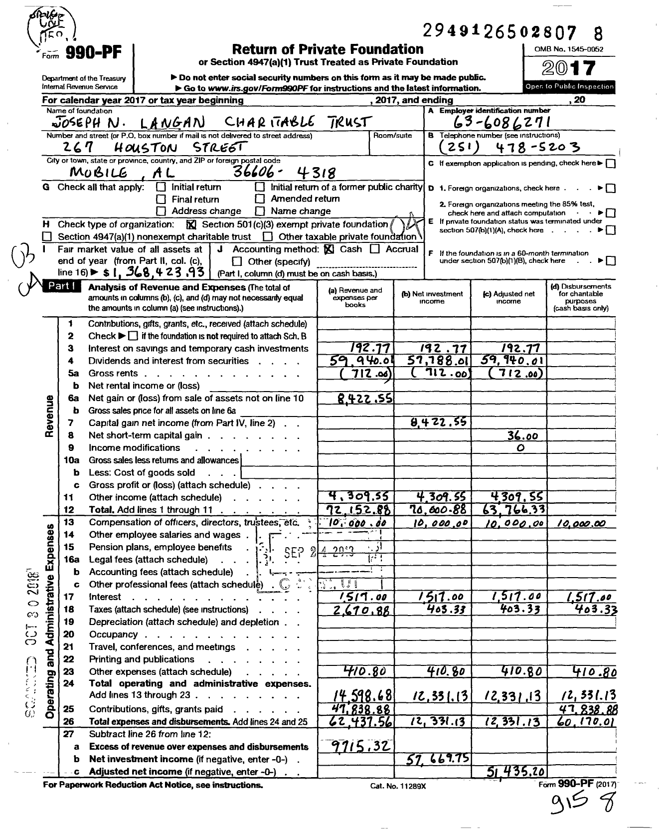 Image of first page of 2017 Form 990PF for Joseph N Langan