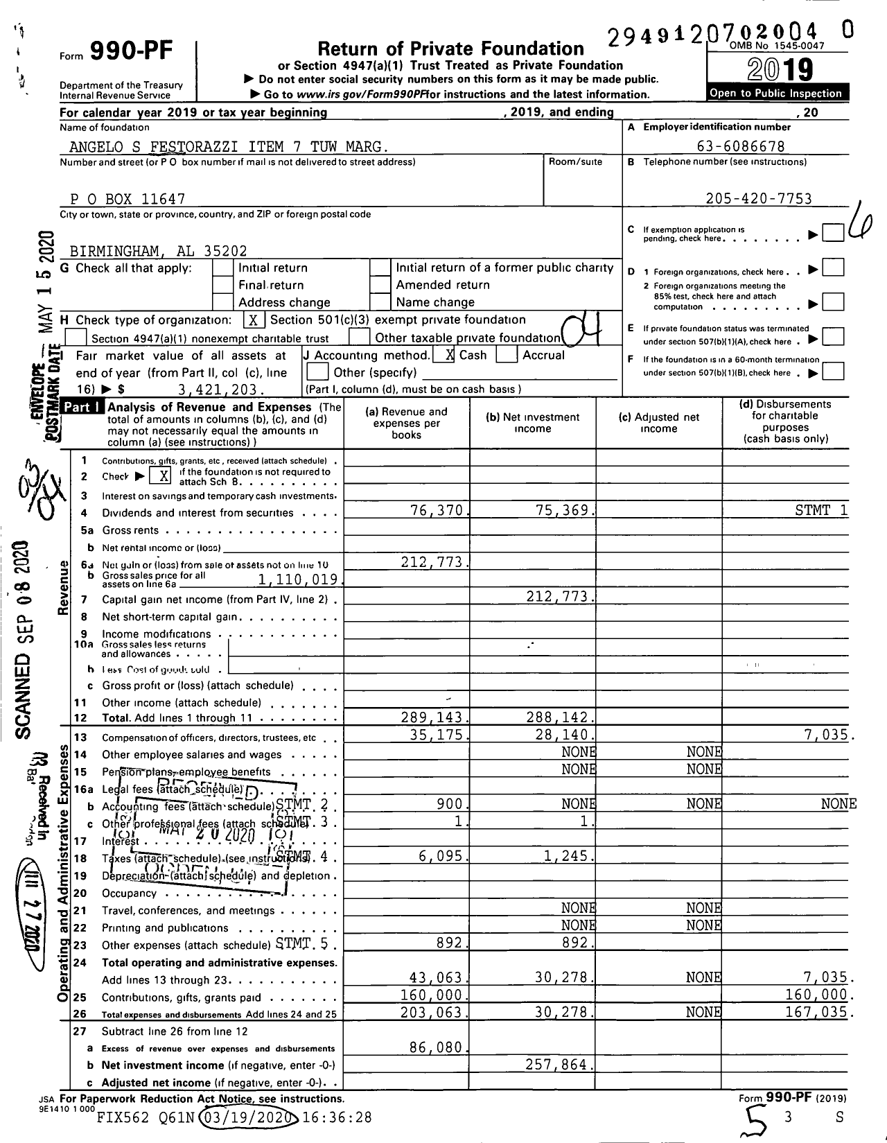 Image of first page of 2019 Form 990PR for Angelo S Festorazzi Item 7 Tuw Marg