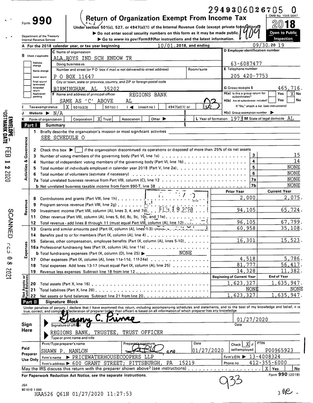 Image of first page of 2018 Form 990 for Alabama Boys Industrial School Endowment Trust