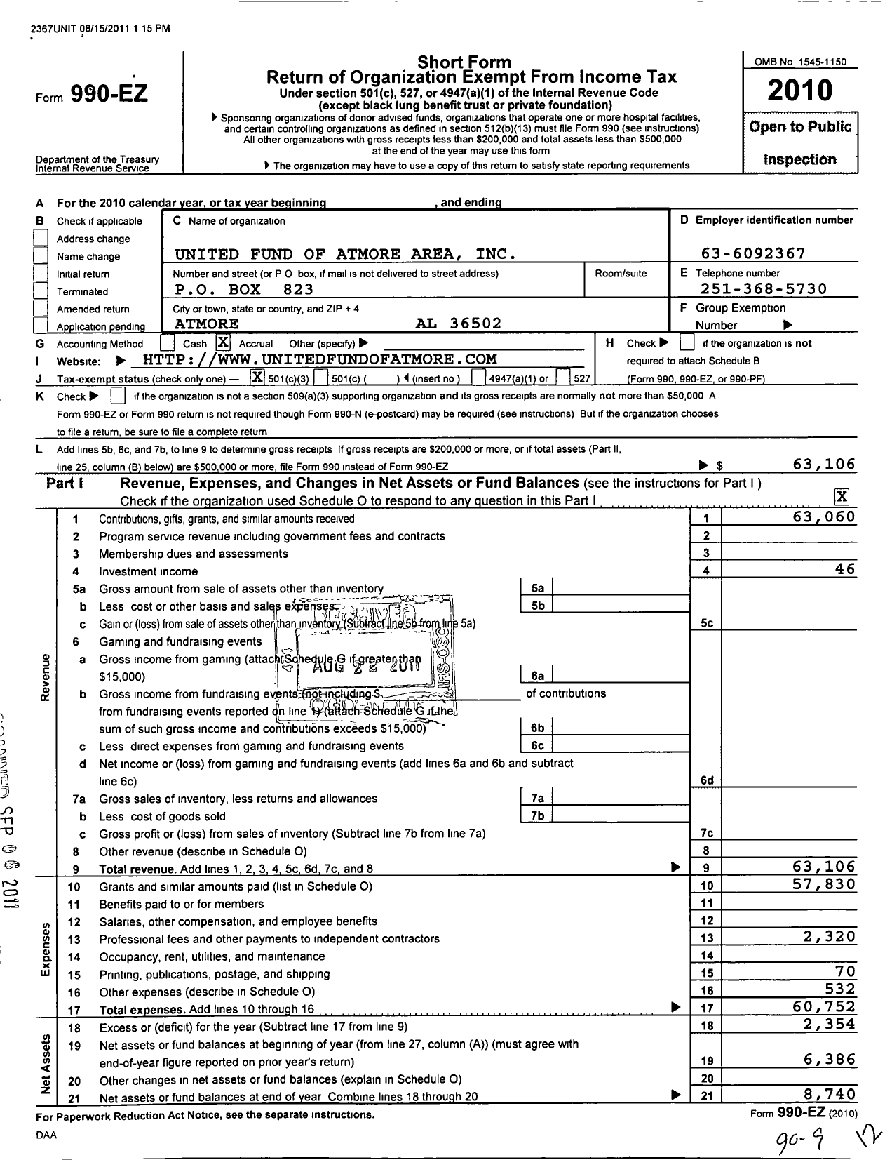 Image of first page of 2010 Form 990EZ for United Fund of the Atmore Area