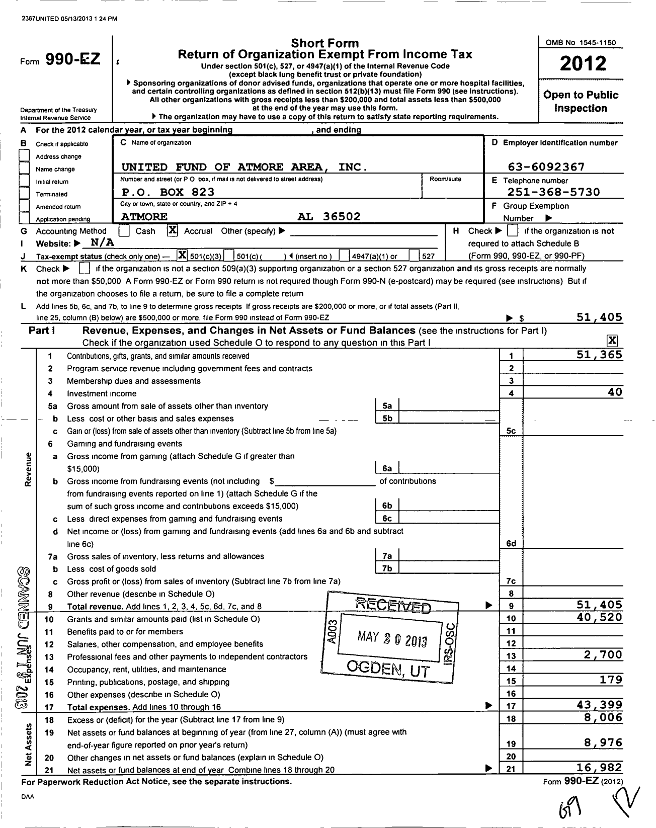 Image of first page of 2012 Form 990EZ for United Fund of the Atmore Area