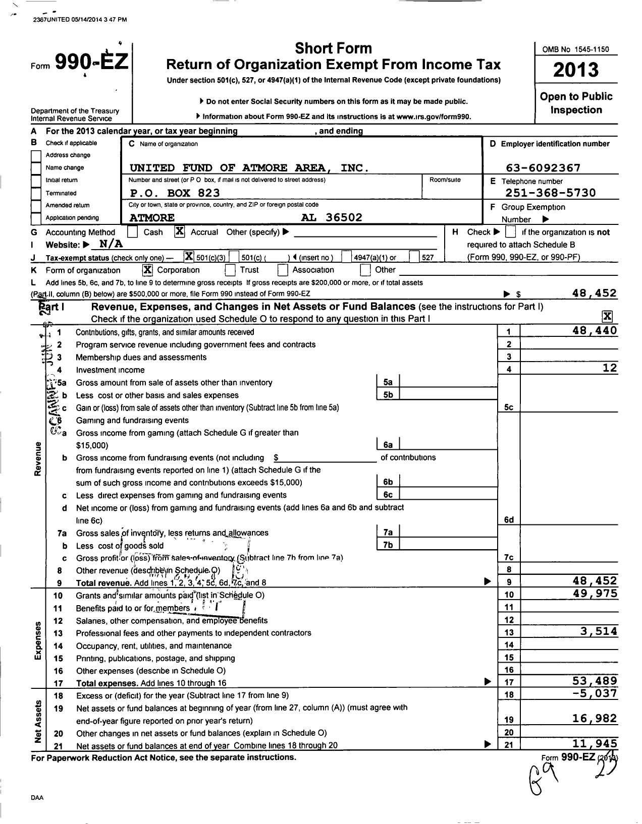 Image of first page of 2013 Form 990EZ for United Fund of the Atmore Area