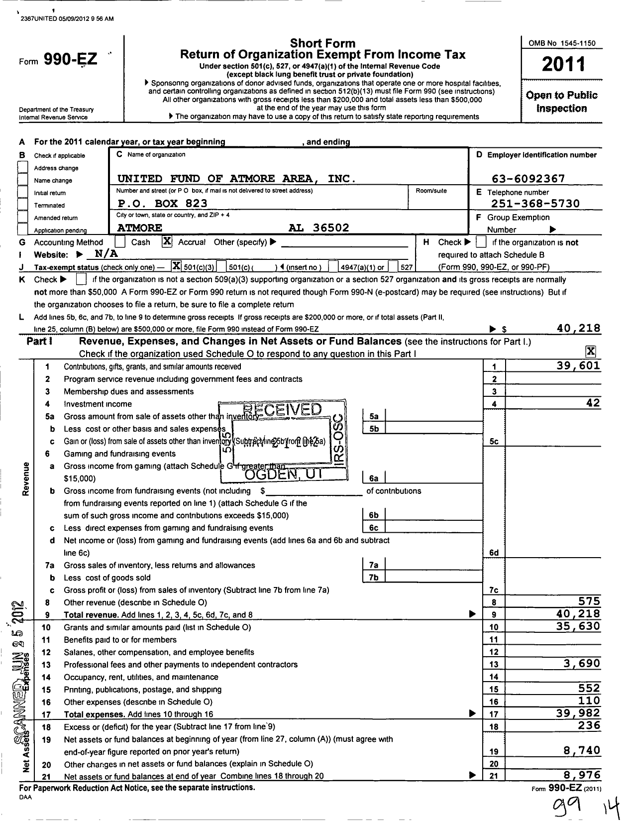 Image of first page of 2011 Form 990EZ for United Fund of the Atmore Area