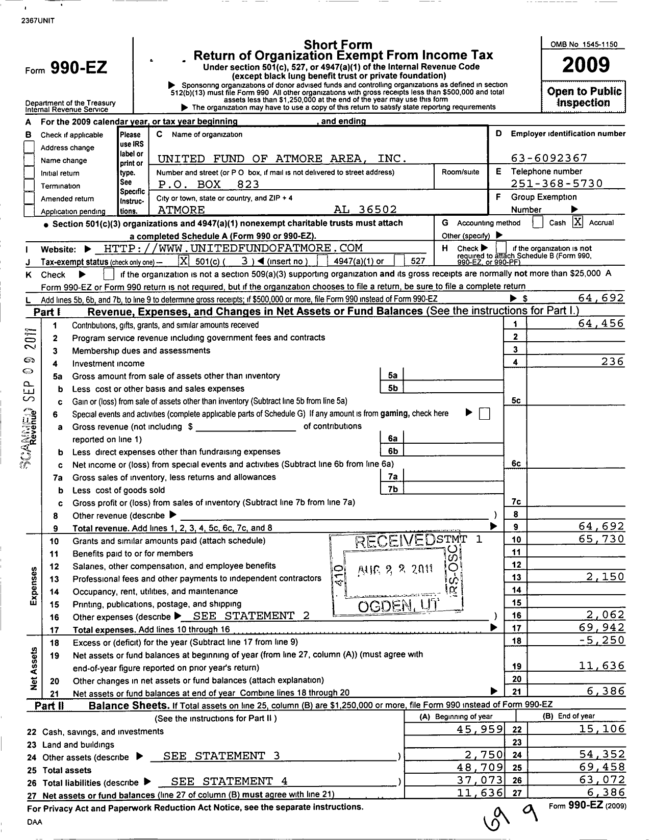 Image of first page of 2009 Form 990EZ for United Fund of the Atmore Area