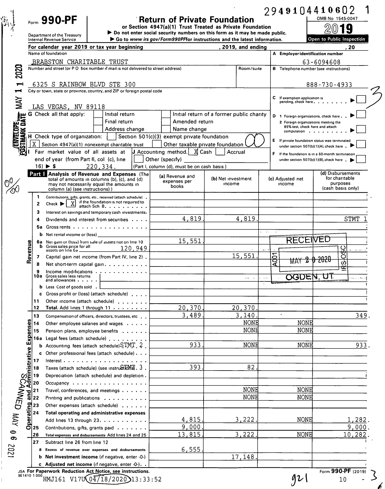 Image of first page of 2019 Form 990PF for Brabston Charitable Trust