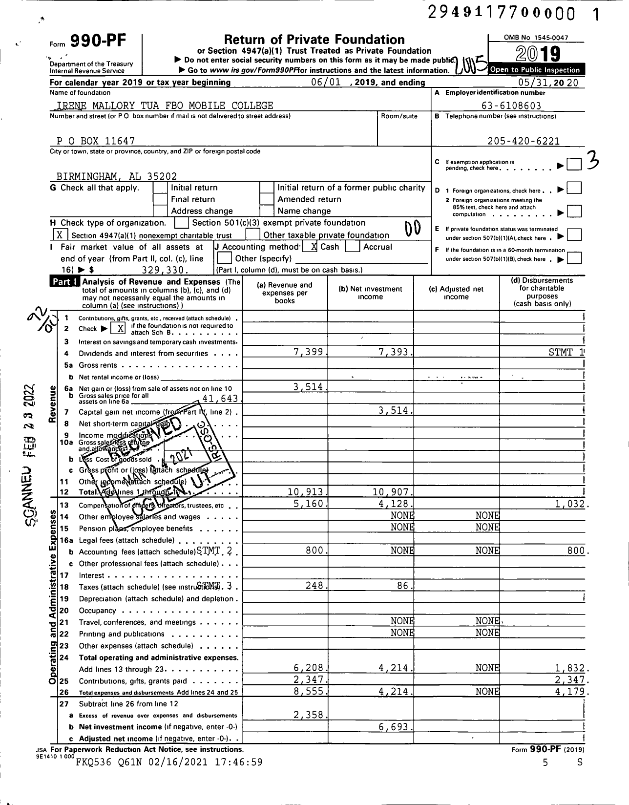 Image of first page of 2019 Form 990PF for Tua Irene Mallory Fbo Mobile College