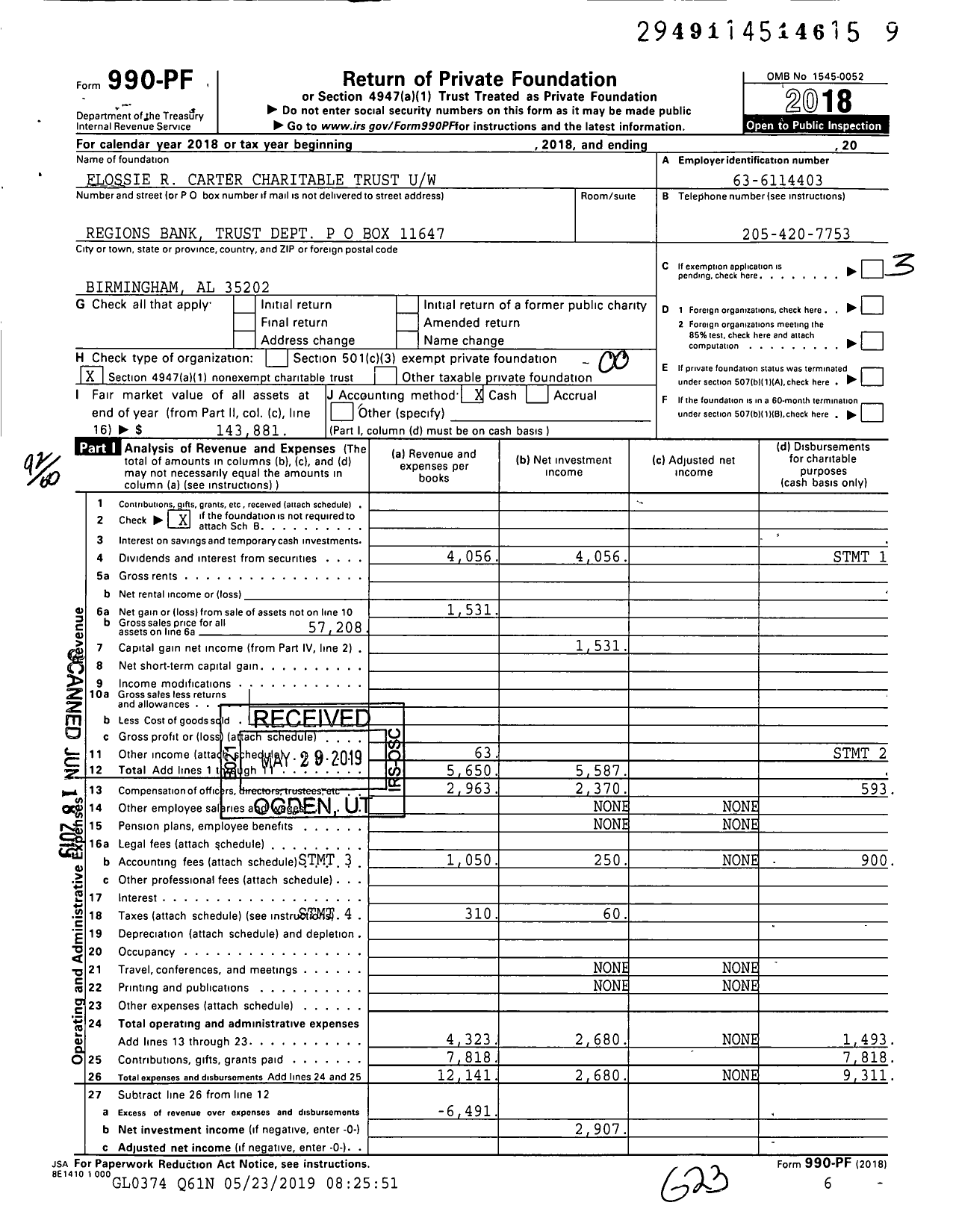 Image of first page of 2018 Form 990PF for Flossie R Carter Charitable Trust Uw