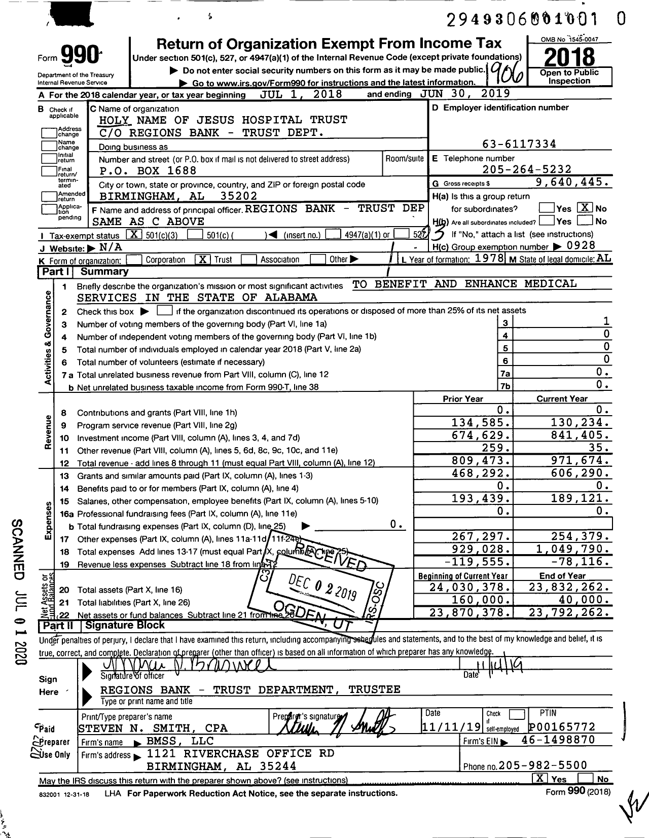 Image of first page of 2018 Form 990 for Holy Name of Jesus Hospital Trust