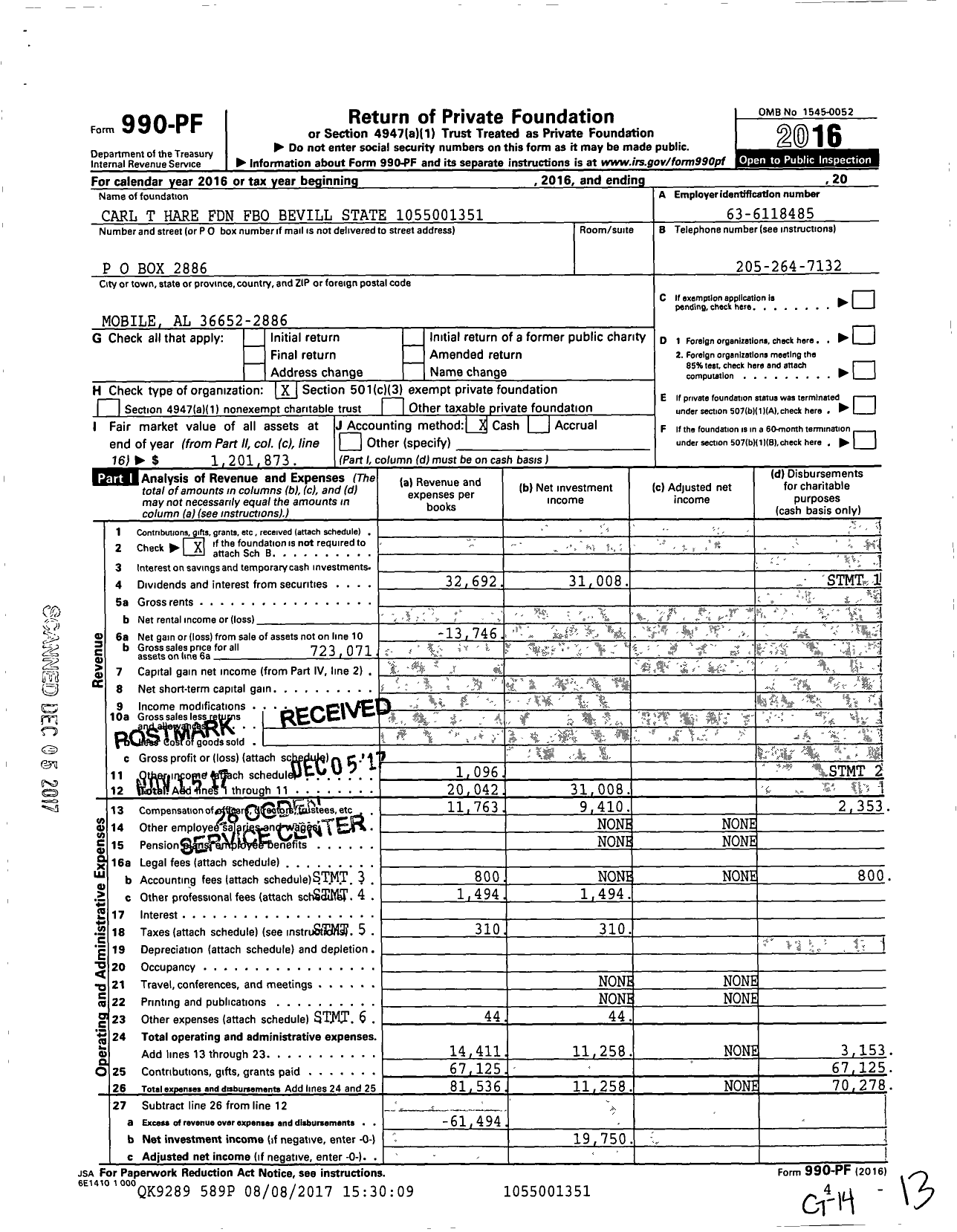 Image of first page of 2016 Form 990PF for Carl T Hare Foundation Fbo Bevill State