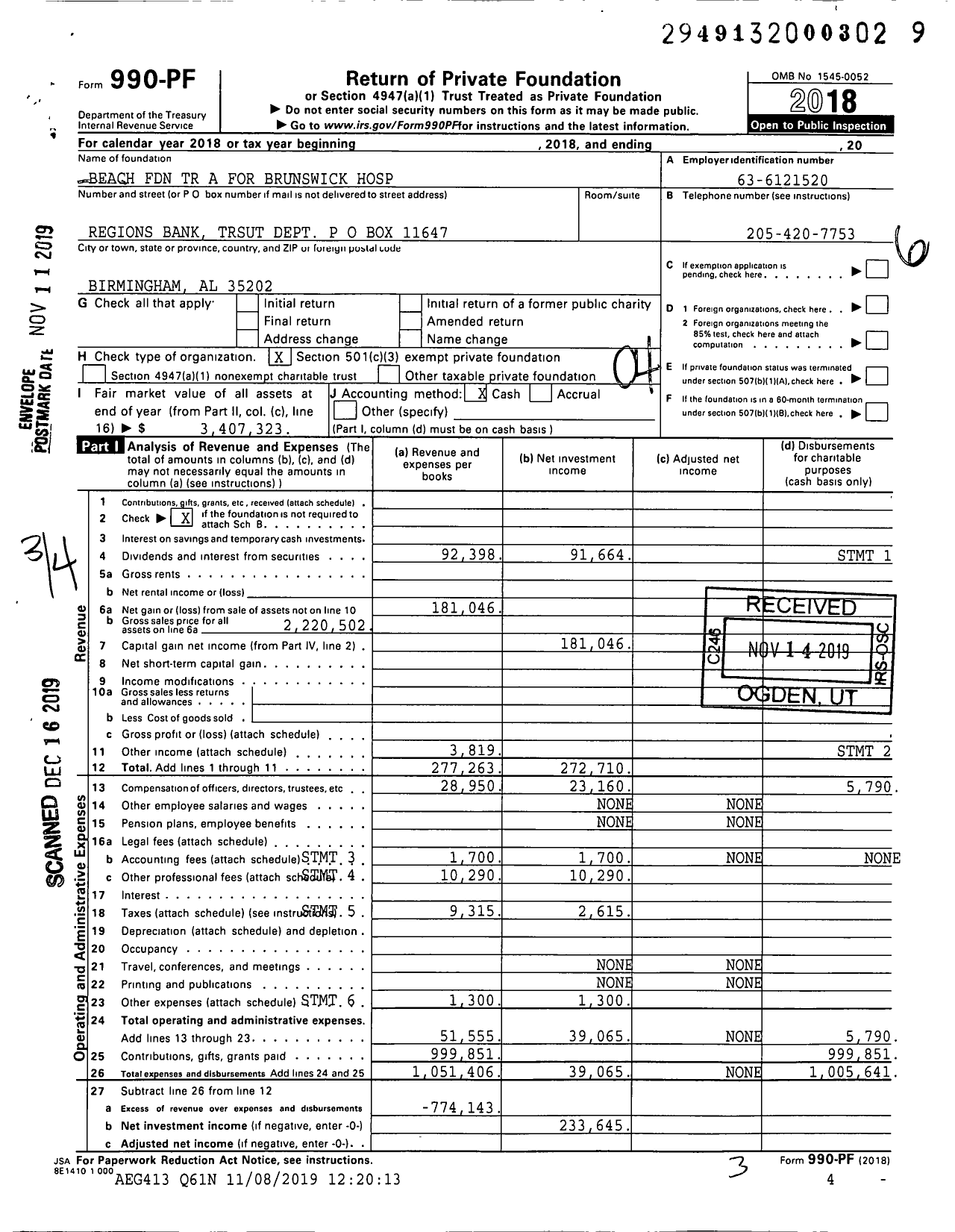 Image of first page of 2018 Form 990PF for Beach Foundation TR A for Brunswick Hospital