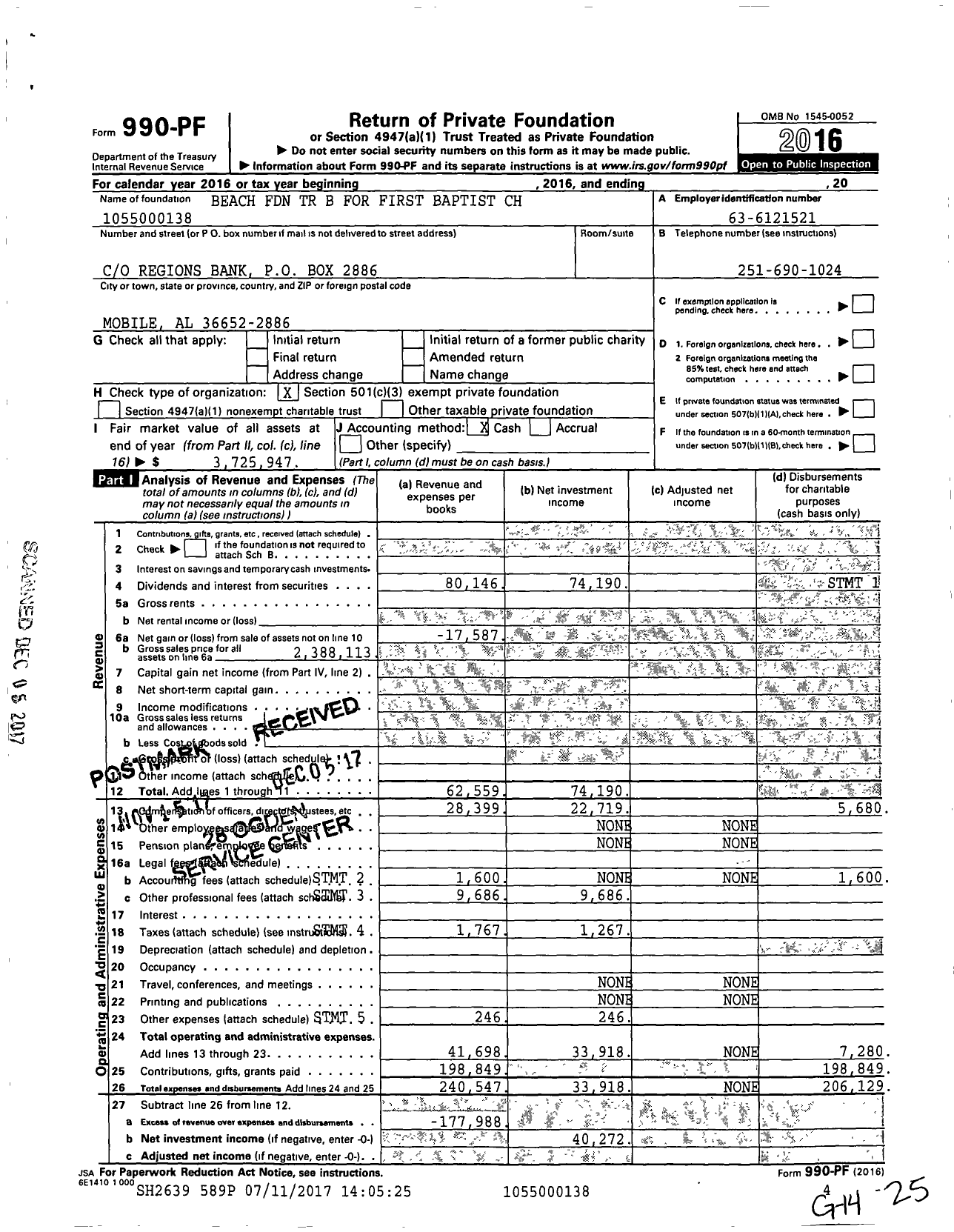 Image of first page of 2016 Form 990PF for Beach Foundation TR B for First Baptist CH