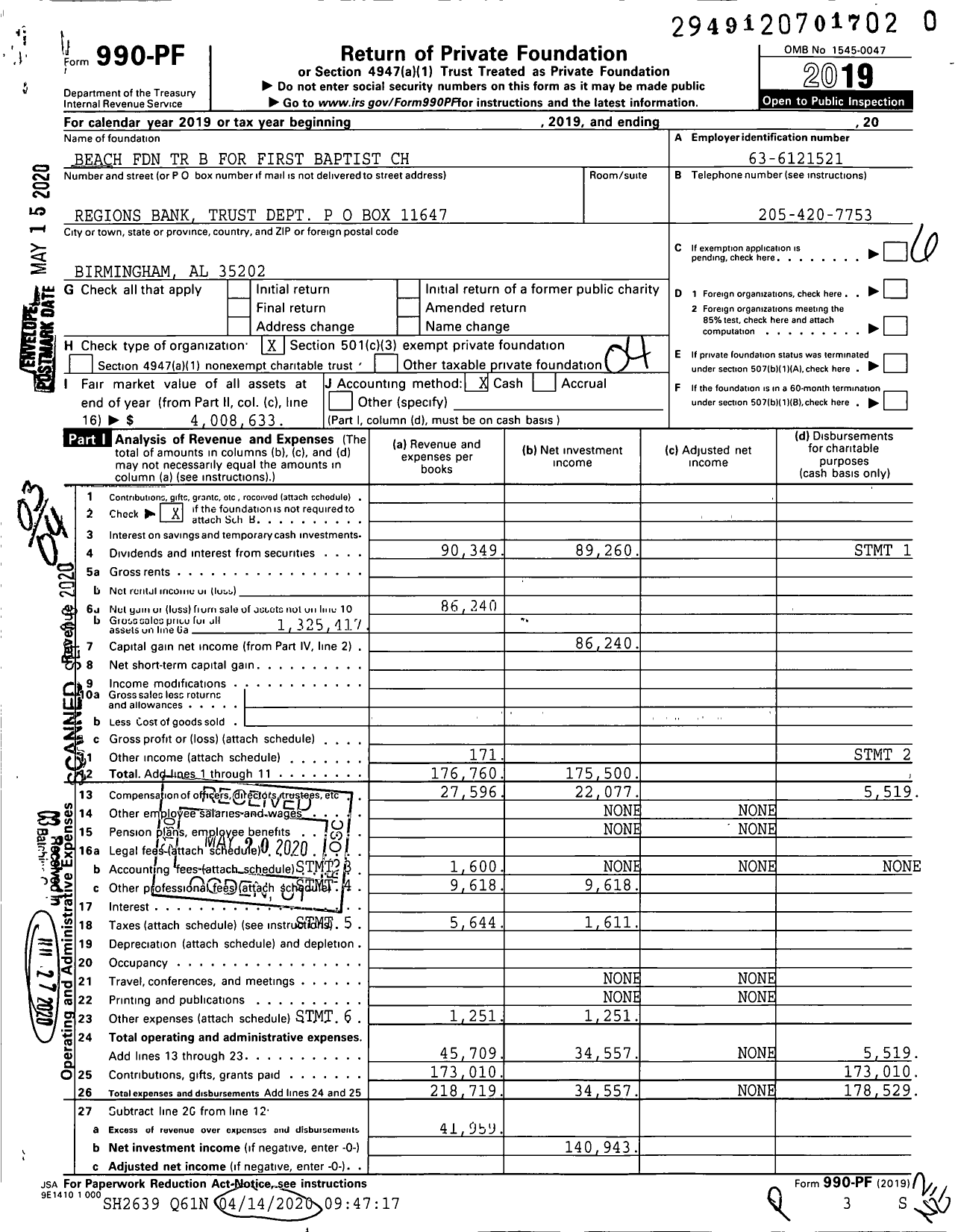 Image of first page of 2019 Form 990PR for Beach Foundation TR B for First Baptist CH