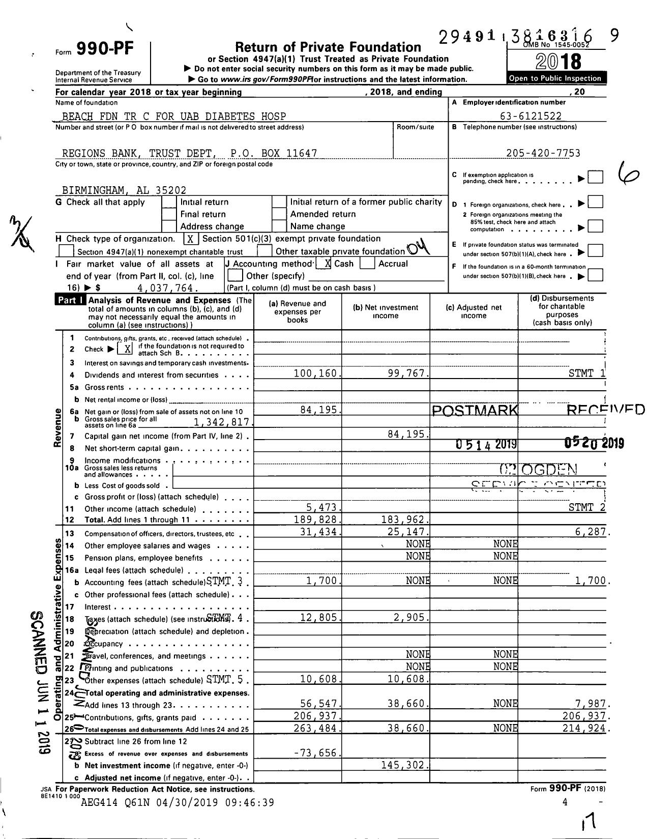 Image of first page of 2018 Form 990PF for Beach Foundation TR C for Uab Diabetes Hospital