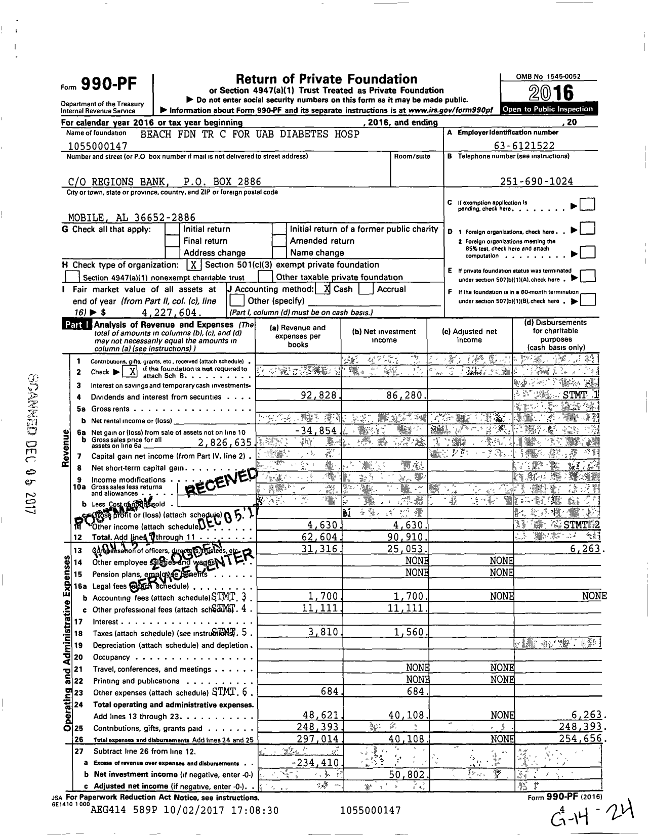 Image of first page of 2016 Form 990PF for Beach Foundation TR C for Uab Diabetes Hospital