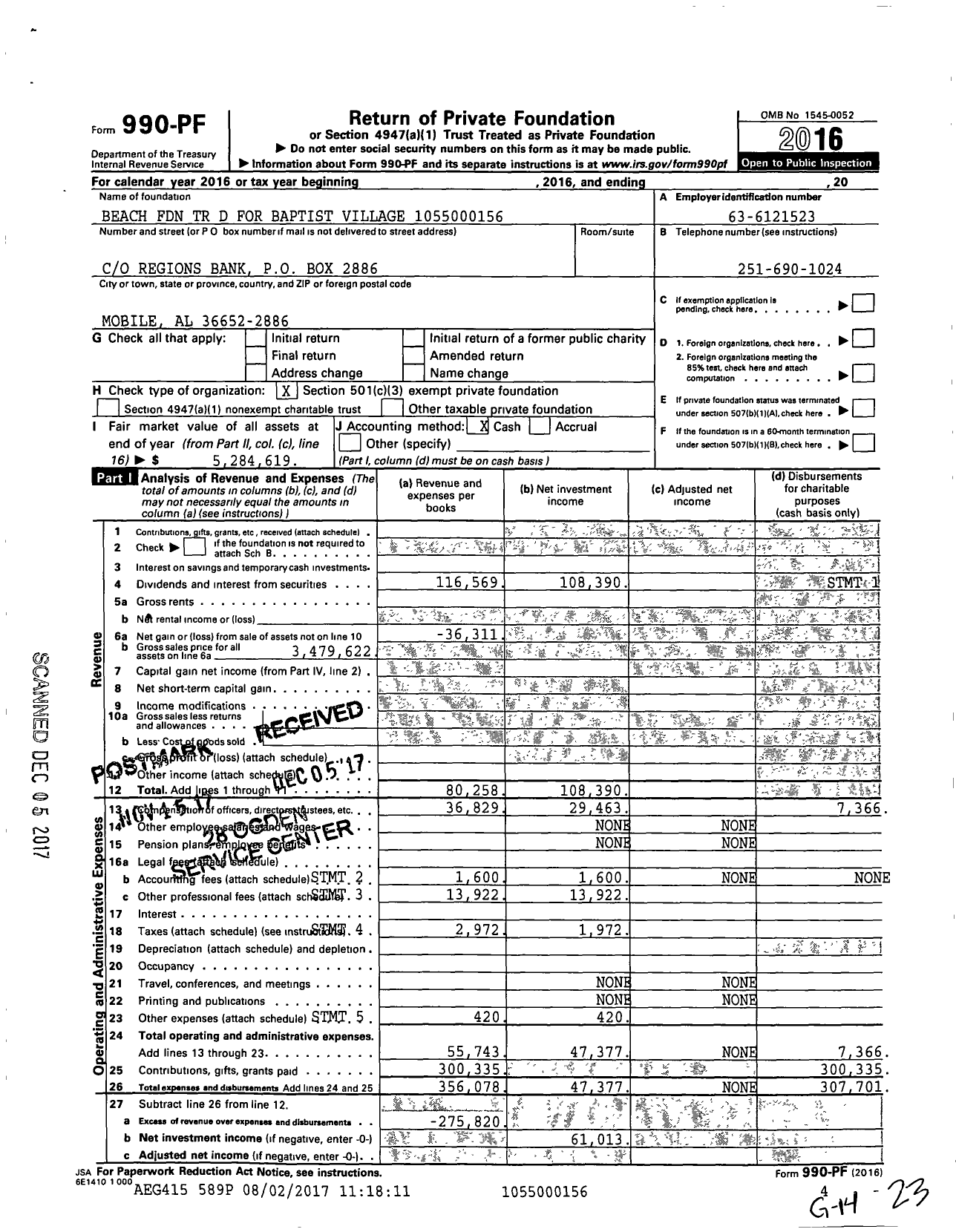 Image of first page of 2016 Form 990PF for Beach Foundation TR D for Baptist Village