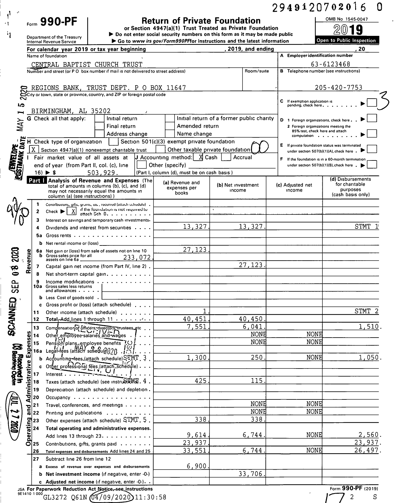 Image of first page of 2019 Form 990PR for Central Baptist Church Trust